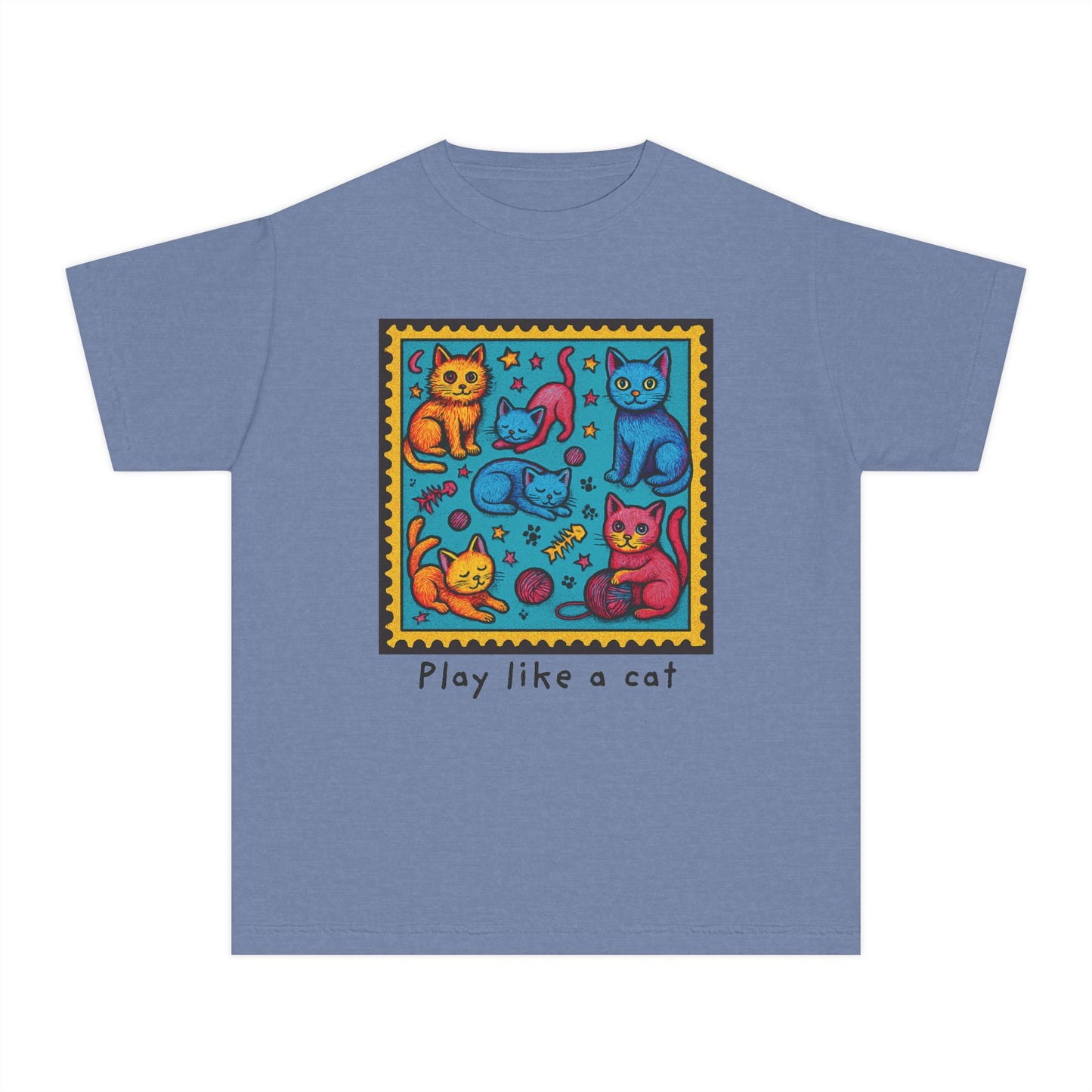 Play Like A Cat Pop Art Style Youth Tee, Comfort Colors T-Shirt for Kids, Cat Lover Gift, Graphic Print Shirt, Kitty Theme Clothing