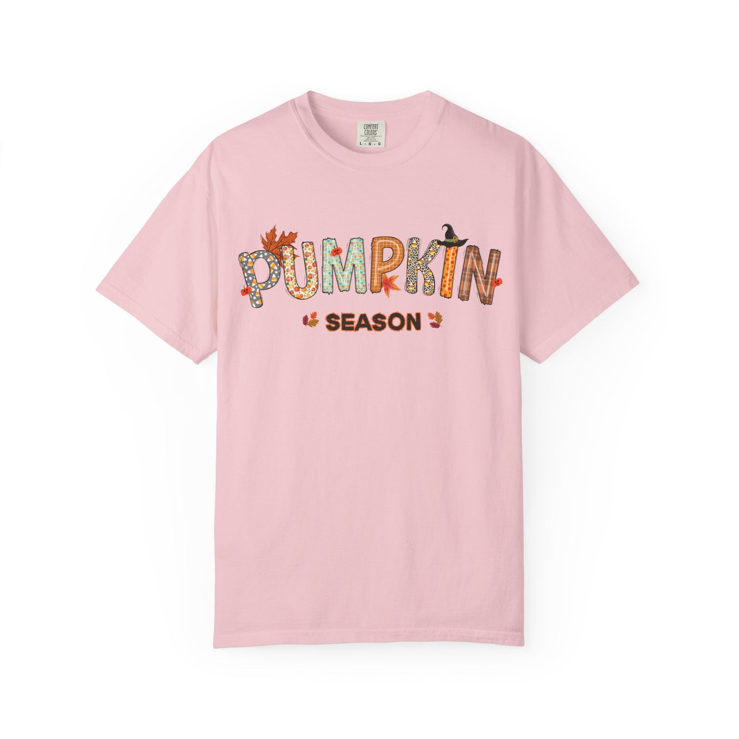 Pink t-shirt with 'Pumpkin Season' text on a white background