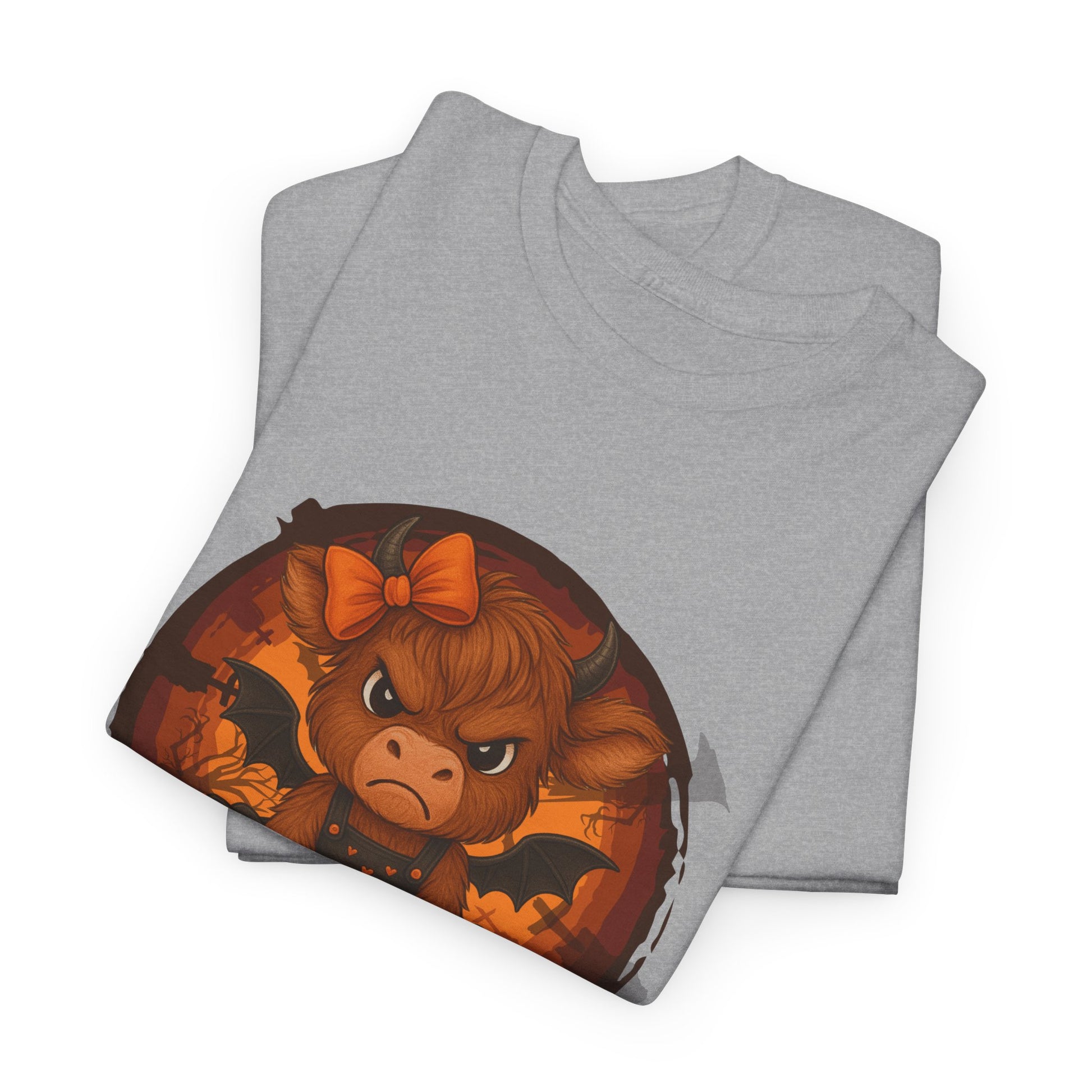 Folded gray t-shirt with a cartoon bull in a pumpkin design on a white background