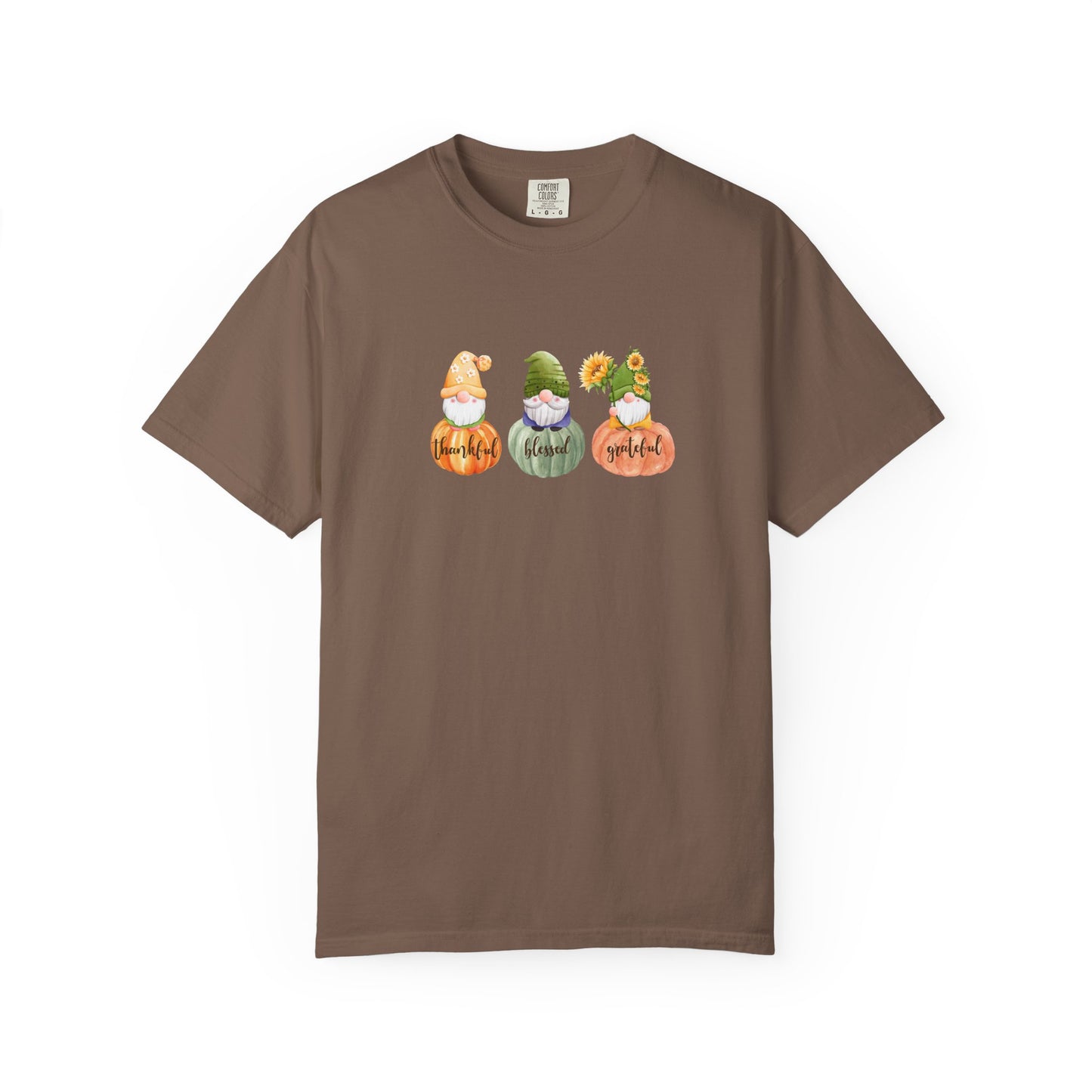 Brown t-shirt with three cartoon gnomes and flowers on a white background