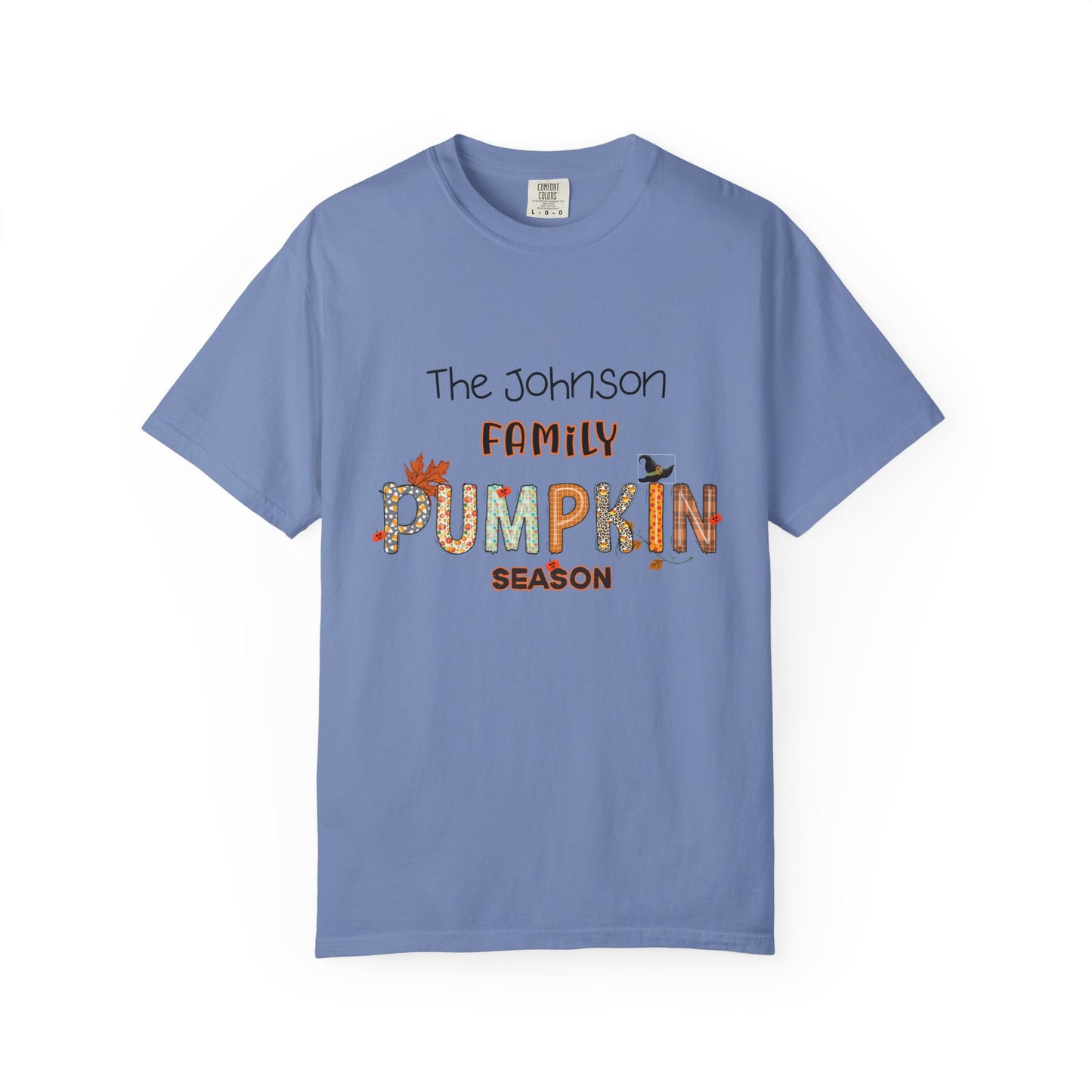 Blue t-shirt with 'The Johnson Family Pumpkin Season' text on a white background