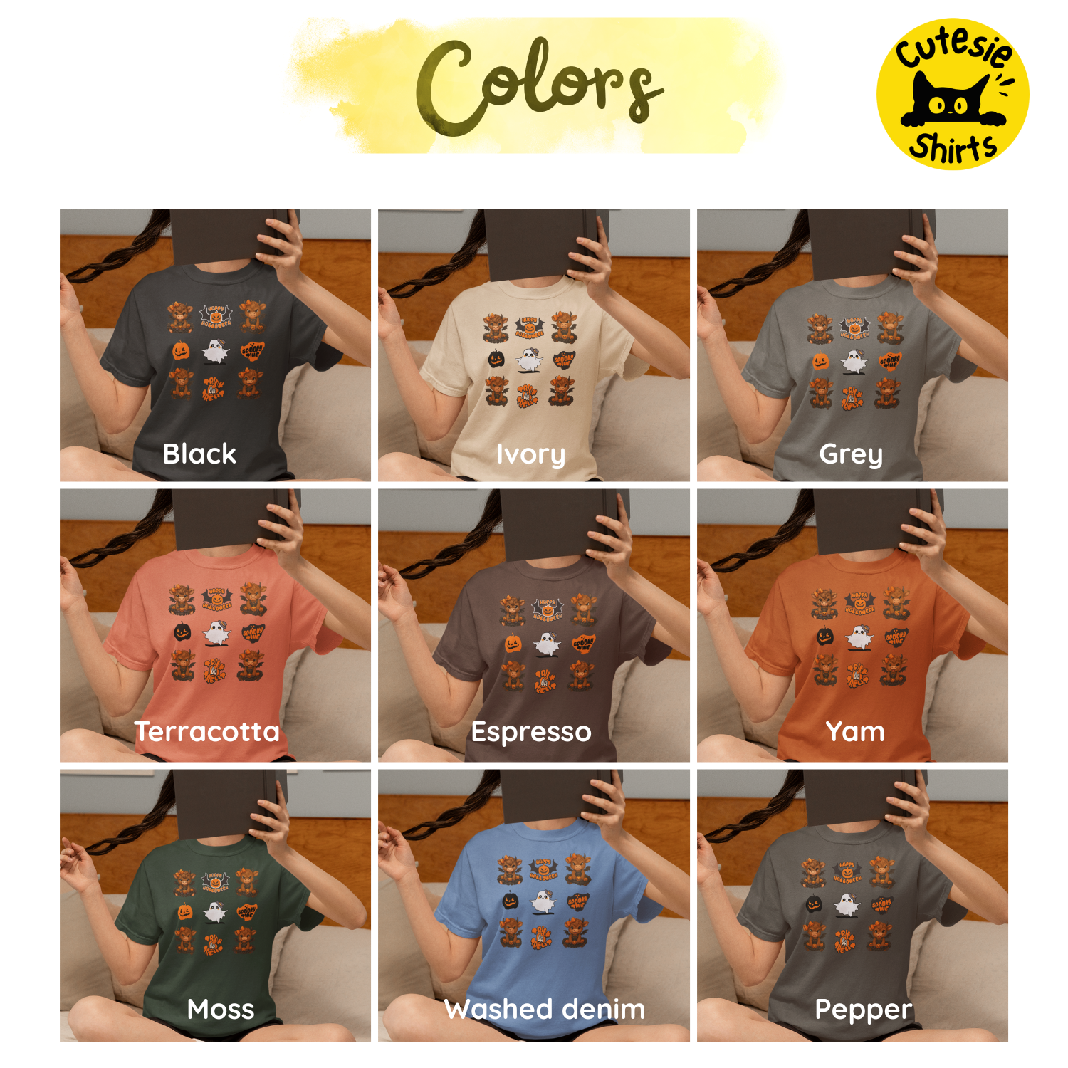 Collage of t-shirts in various colors with a 'Cutesie Shirts' logo.