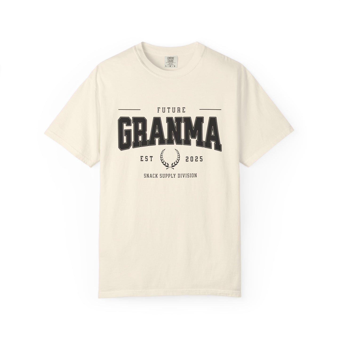 Beige t-shirt with 'Future Grandma' text on a white background