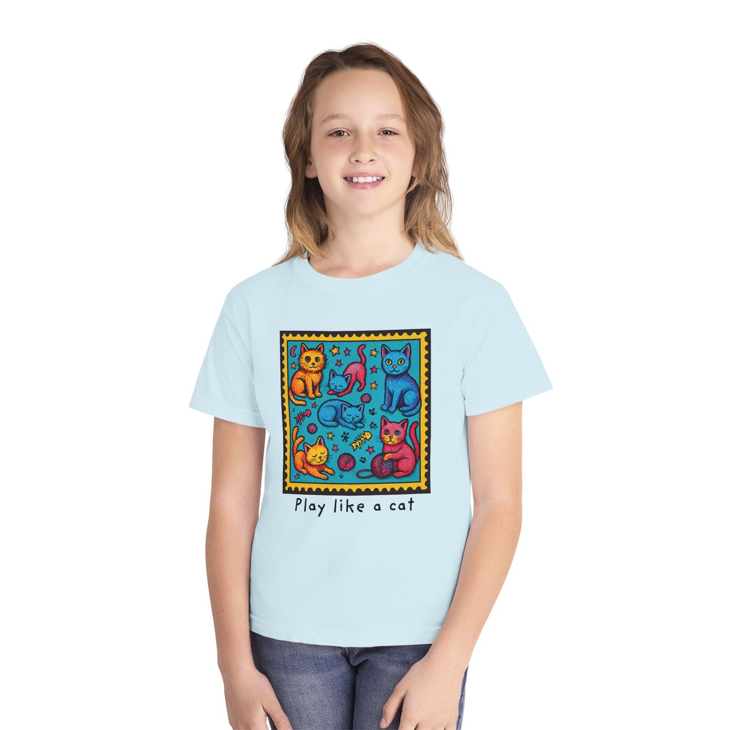 Play Like A Cat Pop Art Style Youth Tee, Comfort Colors T-Shirt for Kids, Cat Lover Gift, Graphic Print Shirt, Kitty Theme Clothing