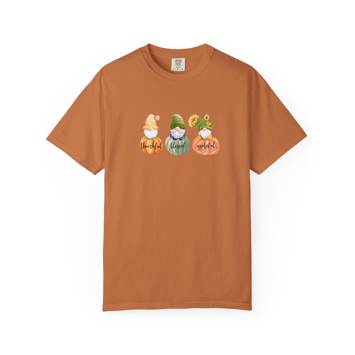 Brown t-shirt with three cartoon gnomes and text on a white background