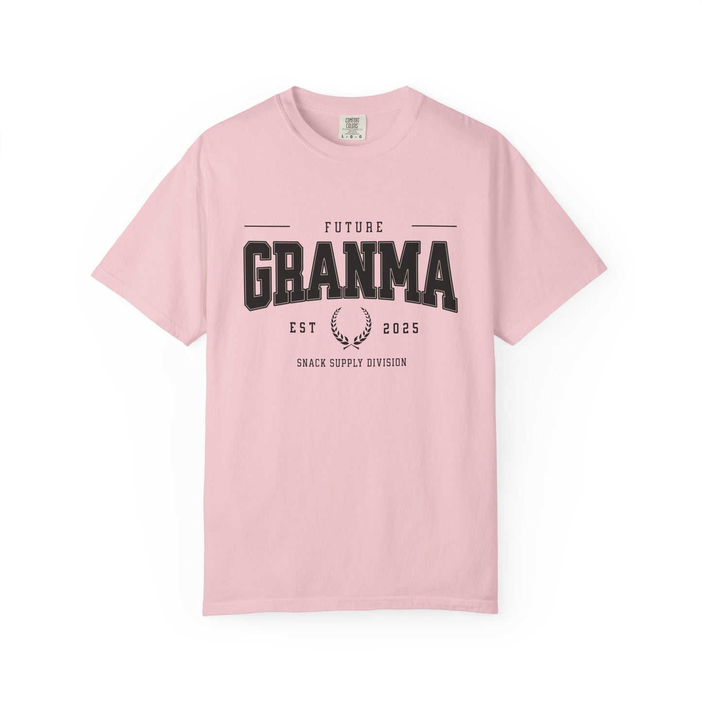Pink t-shirt with 'Future Grandma' text on a white background