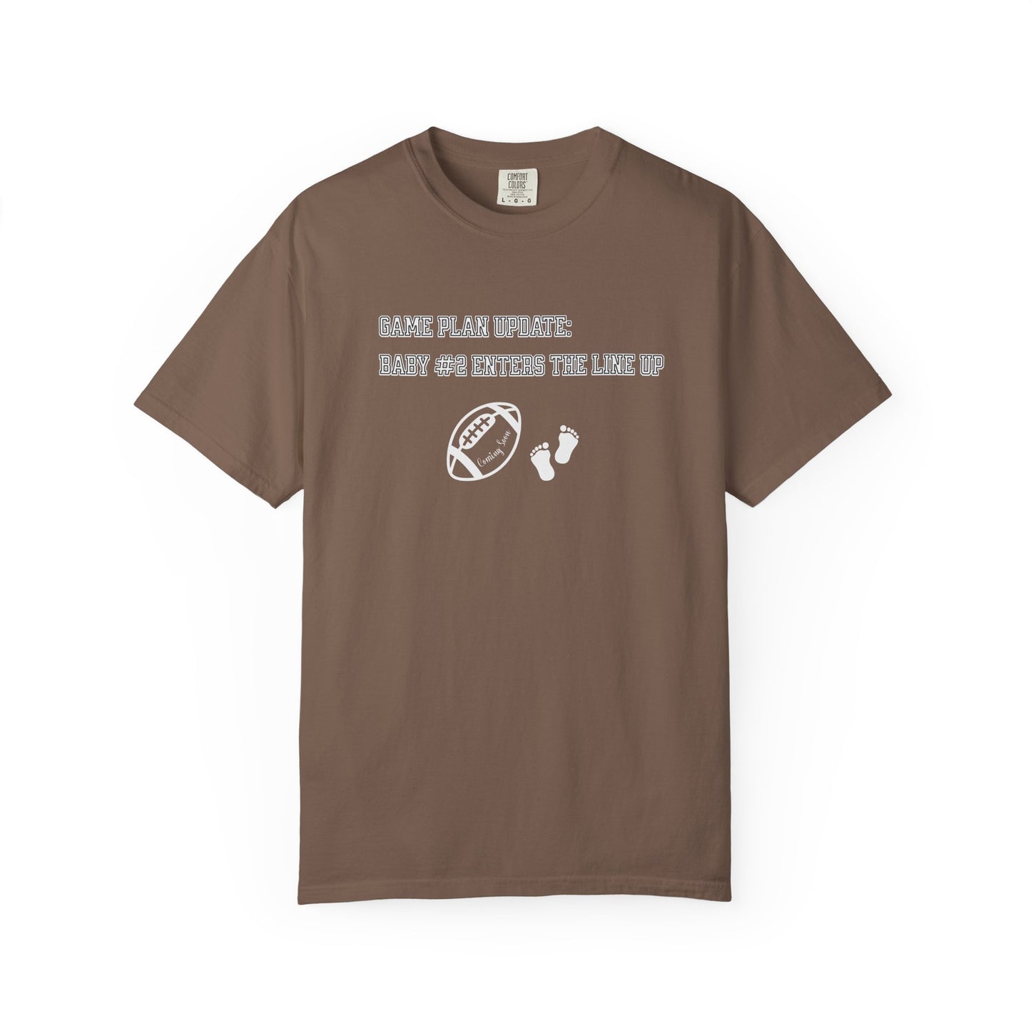 Brown t-shirt with white text and graphics on a white background