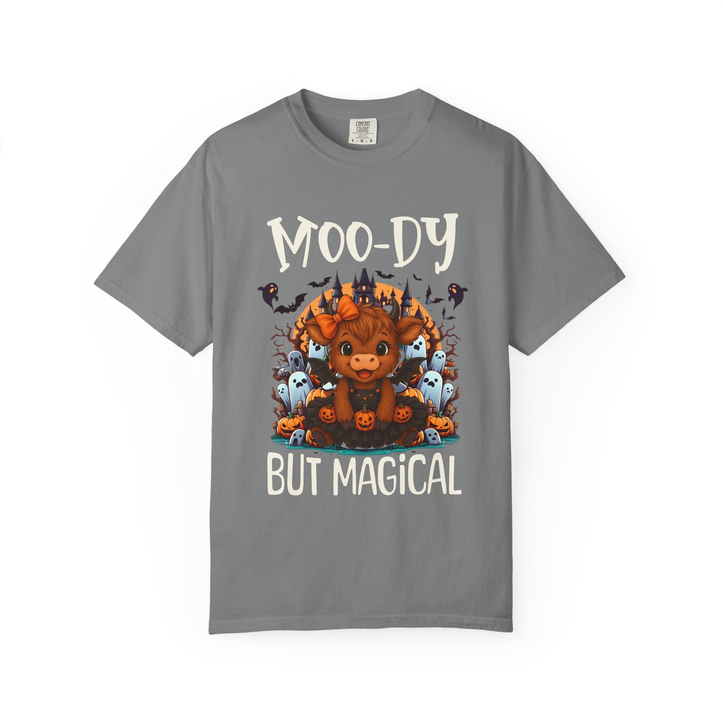 Gray t-shirt with a graphic of a moose and text 'Moo-dy But Magical' on a white background