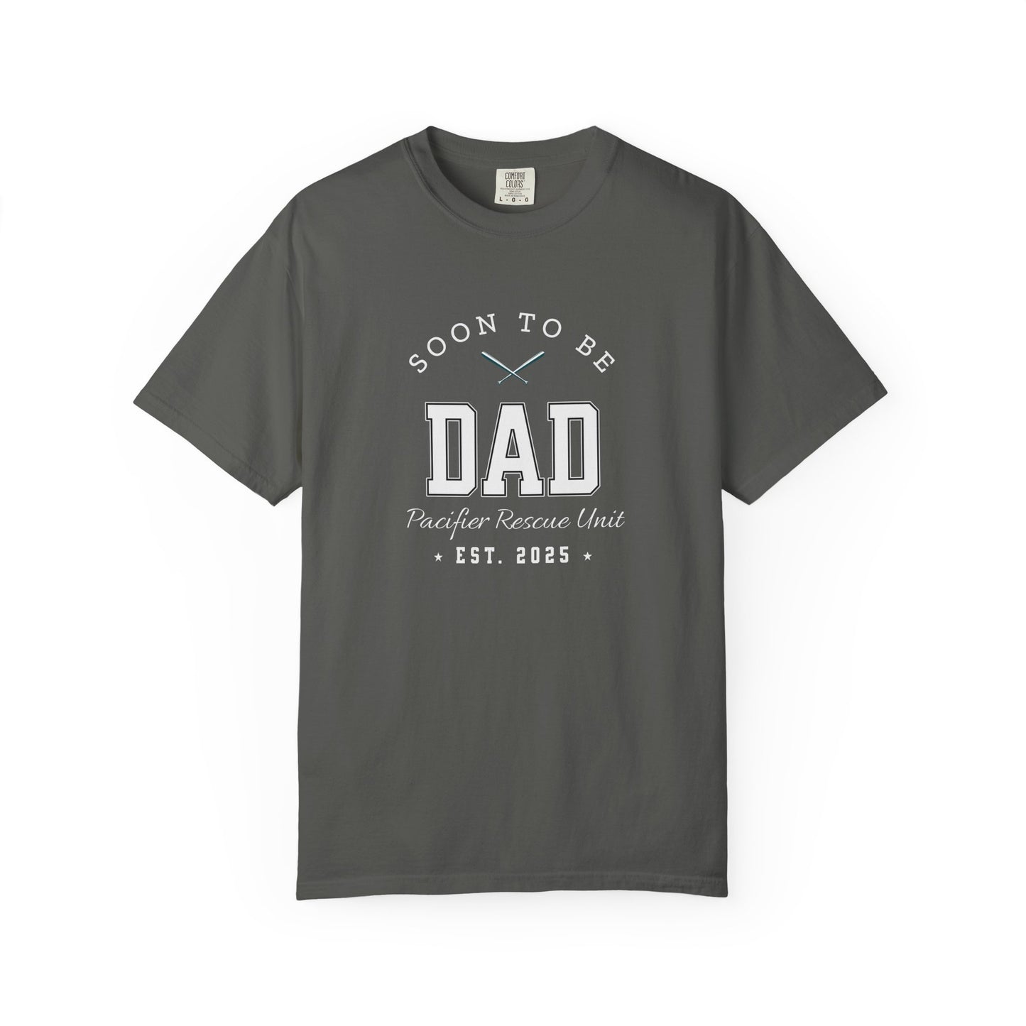 Gray t-shirt with 'Soon to be Dad' text on a white background