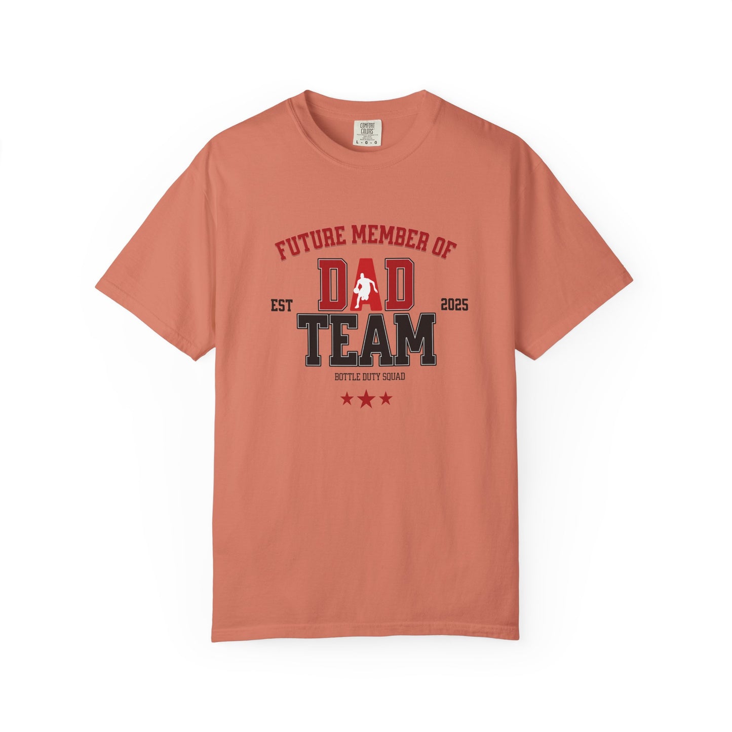 Coral t-shirt with 'Future Member of Dad Team' text and graphics on a white background