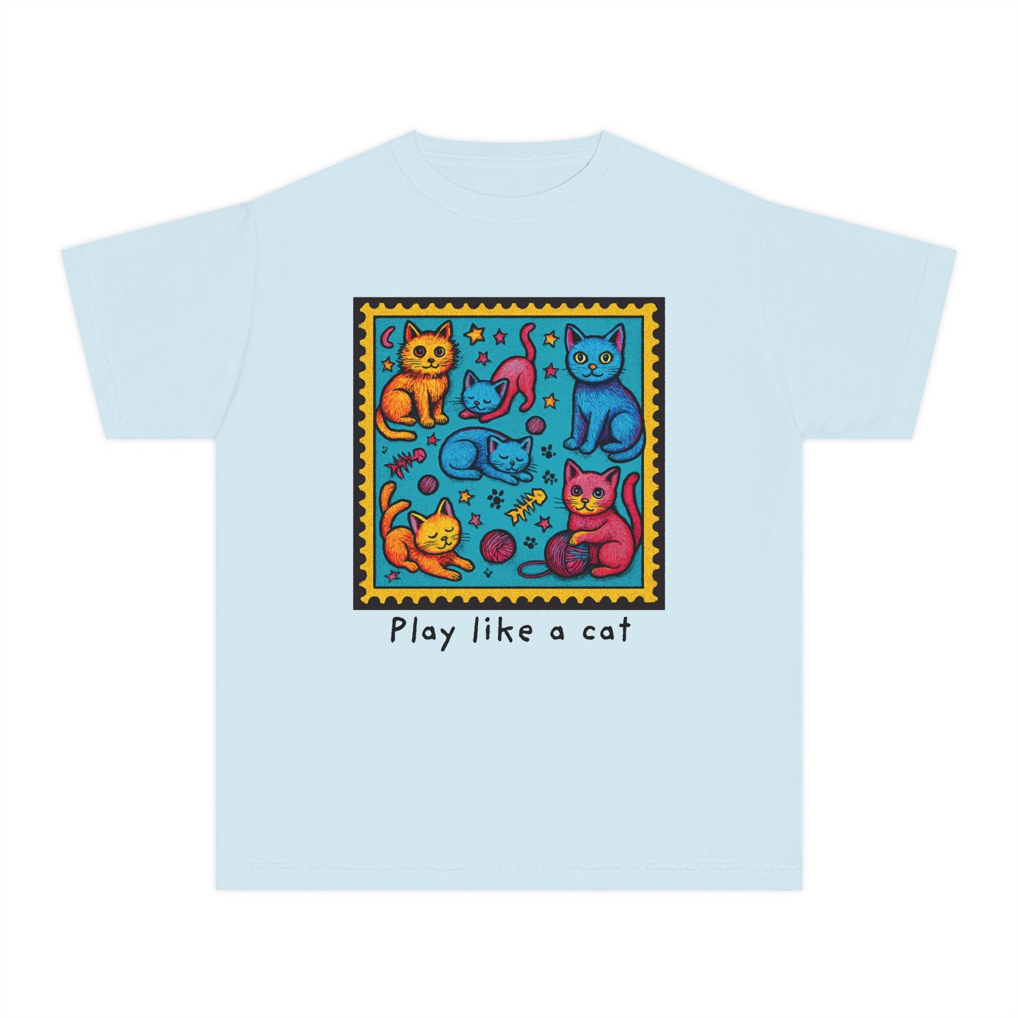 Play Like A Cat Pop Art Style Youth Tee, Comfort Colors T-Shirt for Kids, Cat Lover Gift, Graphic Print Shirt, Kitty Theme Clothing