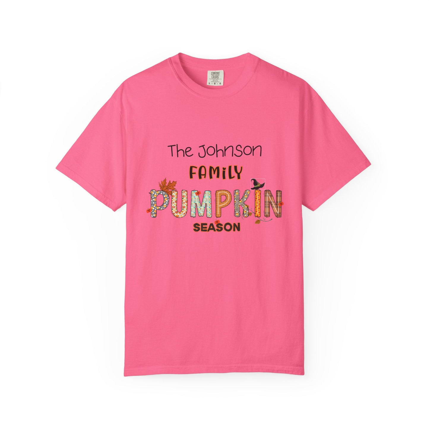 Pink t-shirt with 'The Johnson Family Pumpkin Season' text on a white background