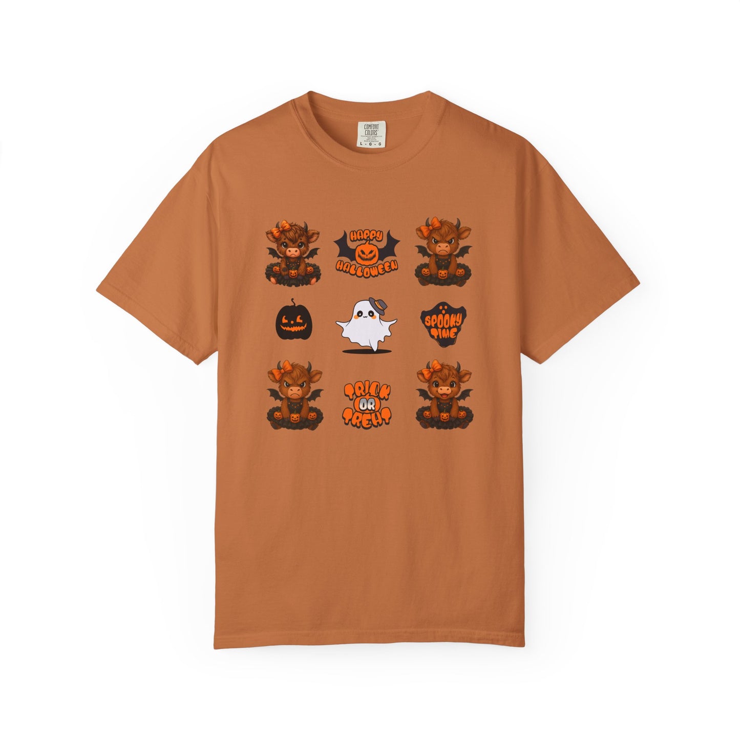 Brown t-shirt with Halloween-themed graphics on a white background