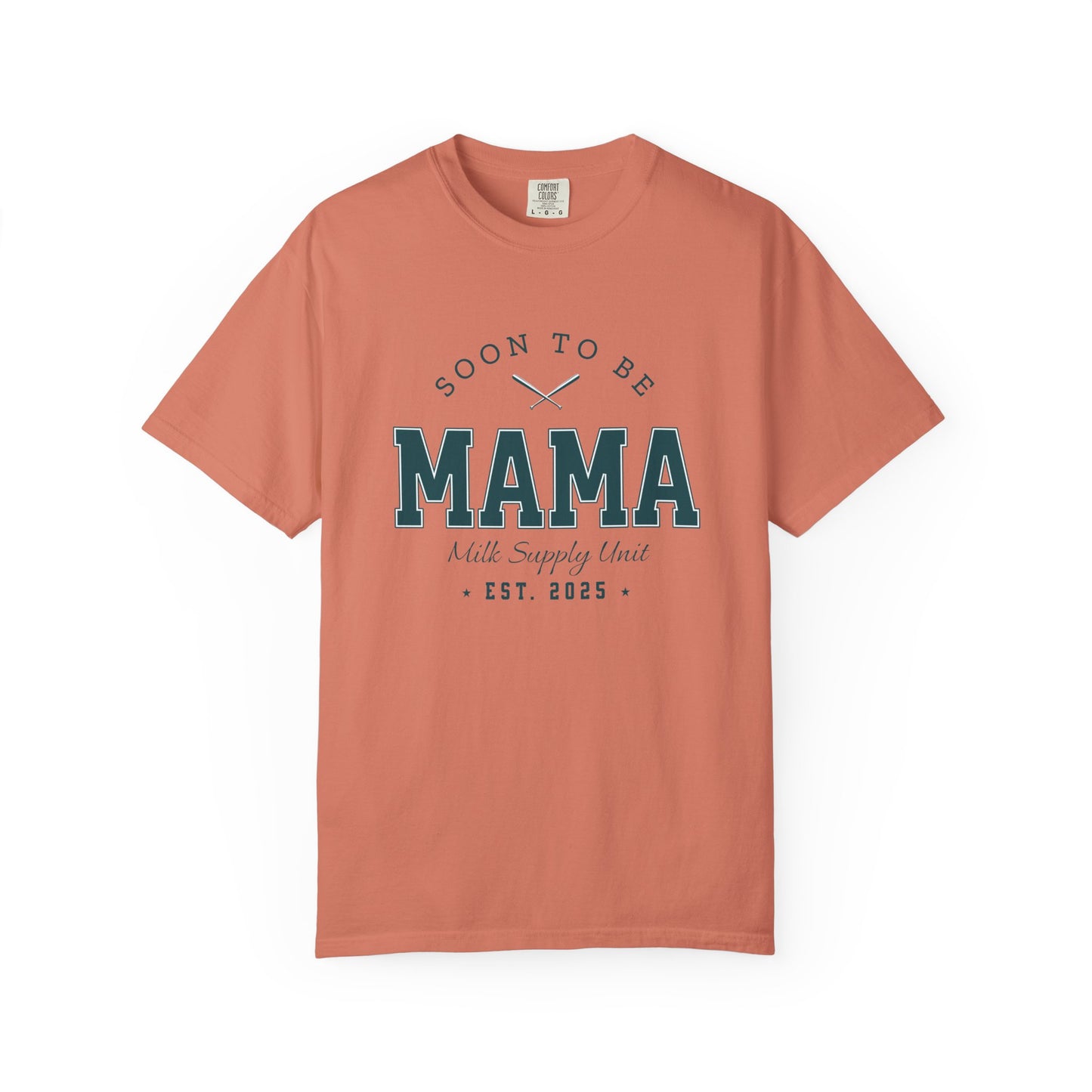 Coral t-shirt with 'Soon to be Mama' text on a white background