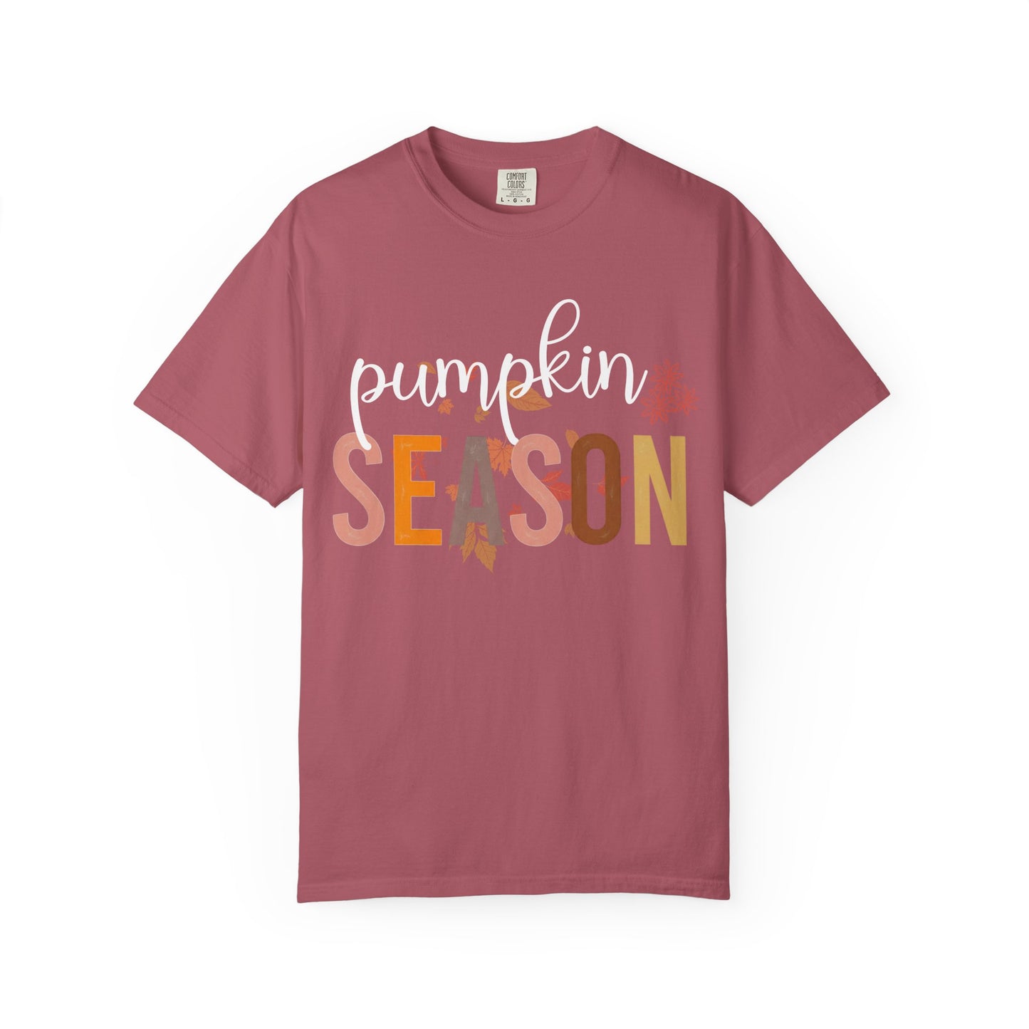 Maroon t-shirt with 'pumpkin season' text on a white background