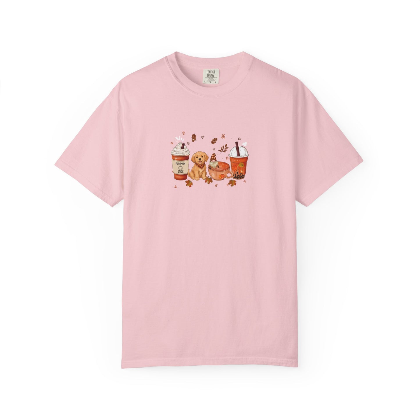 Pink t-shirt with a graphic design on a white background