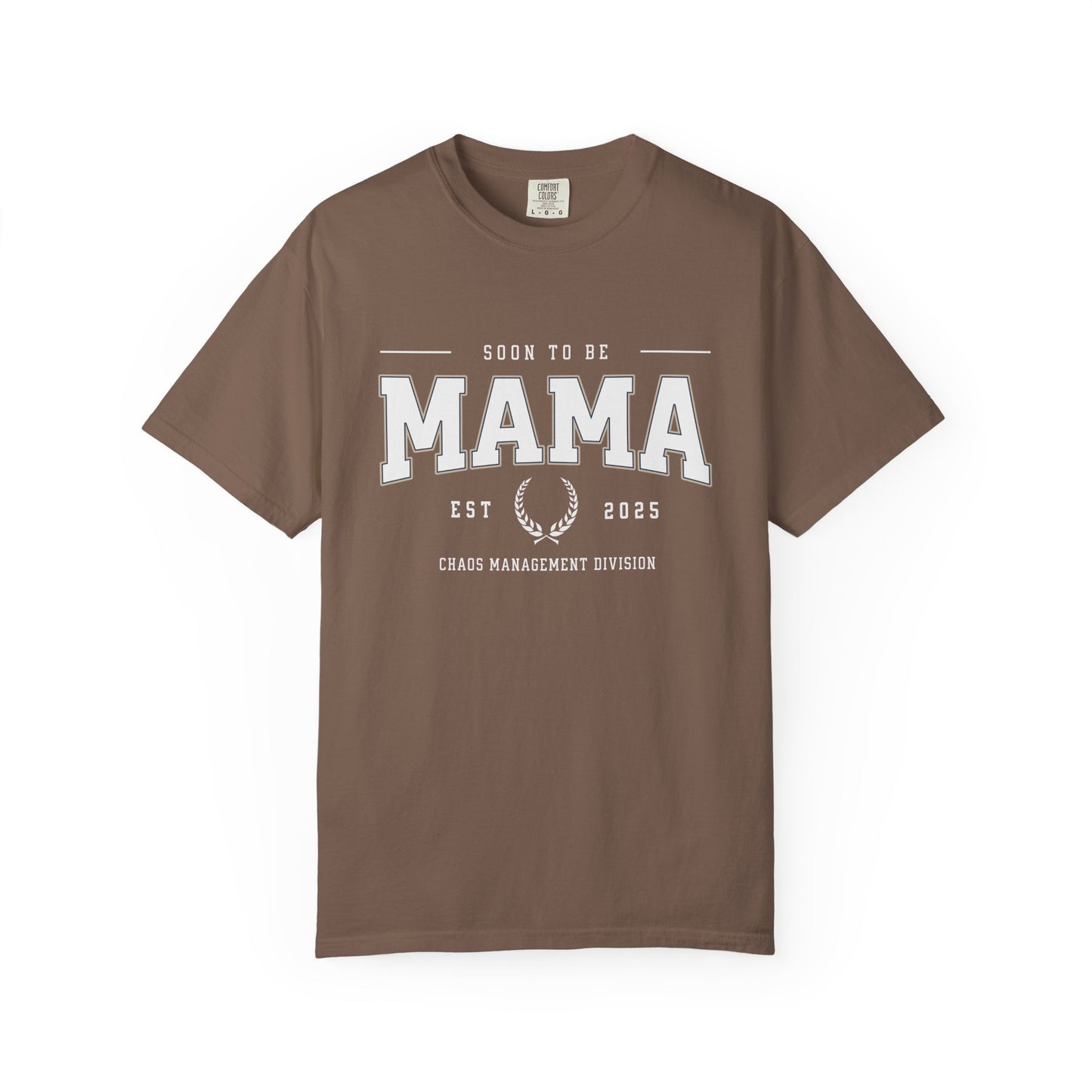Brown t-shirt with 'Soon to be Mama' text on a white background