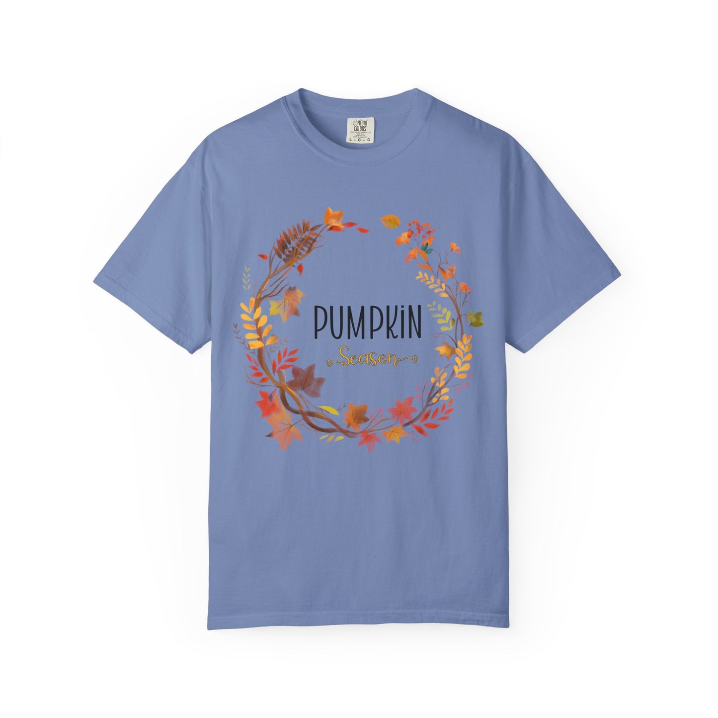 Blue t-shirt with 'Pumpkin' text and leaf design on a white background
