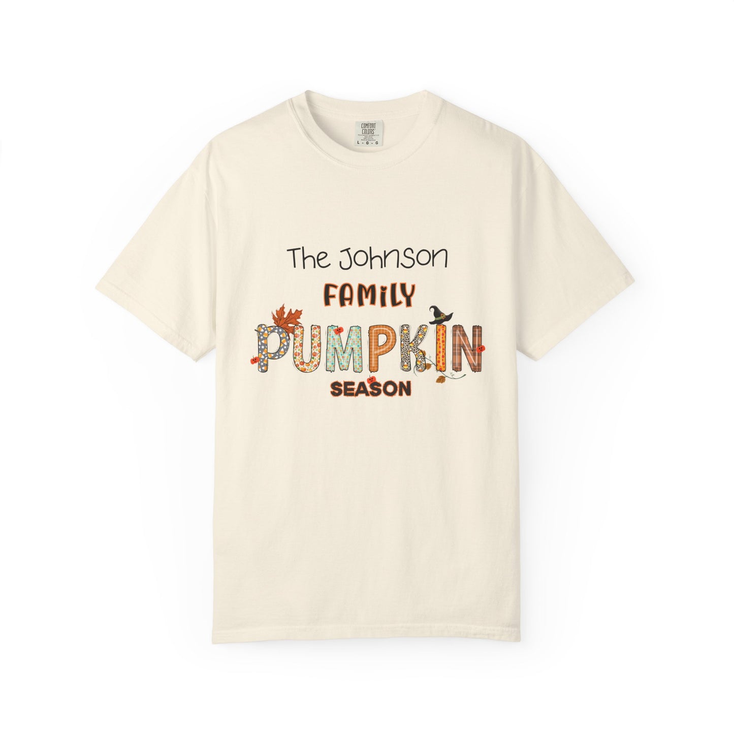 Beige t-shirt with 'The Johnson Family Pumpkin Season' text design on a white background