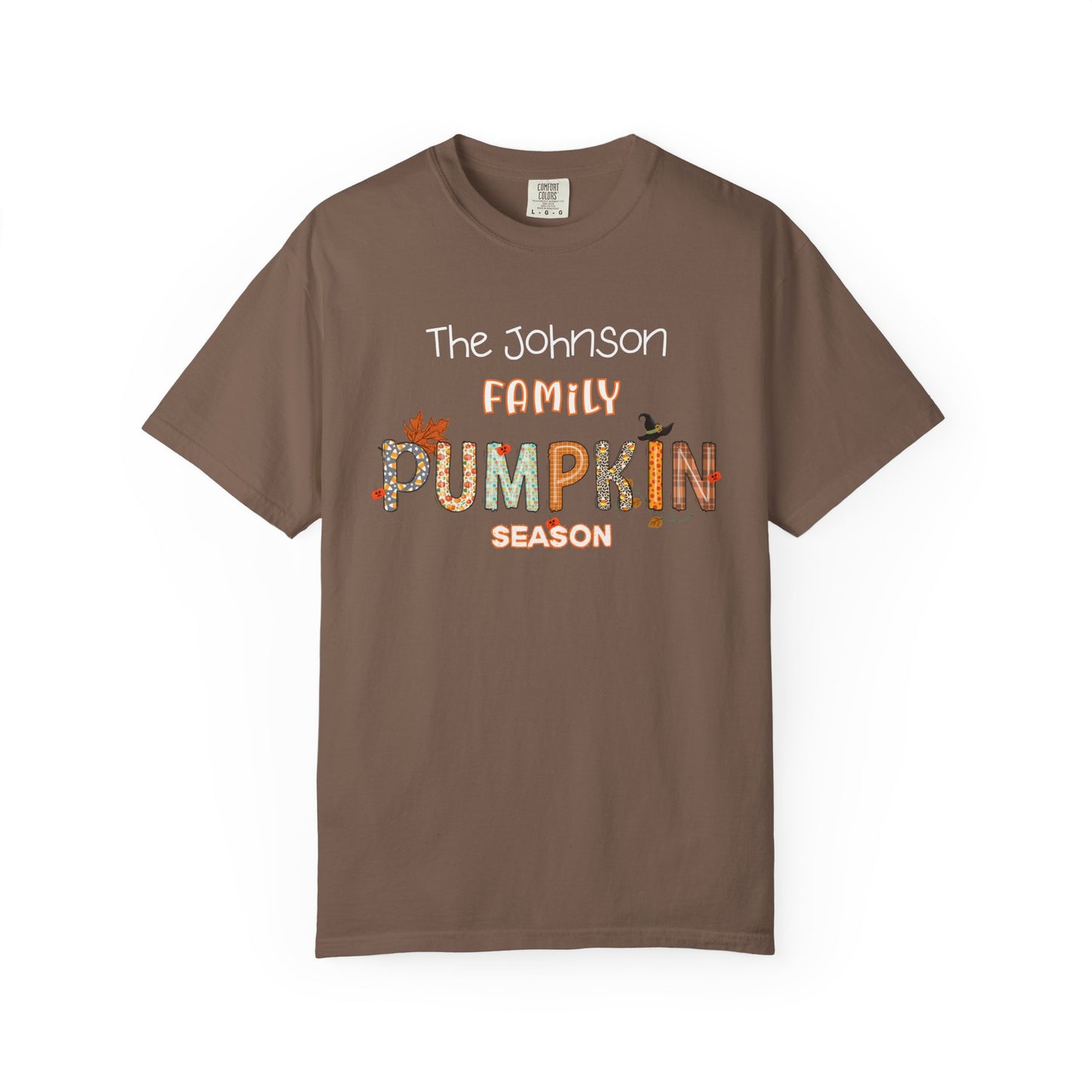 Brown t-shirt with 'The Johnson Family Pumpkin Season' text on a white background