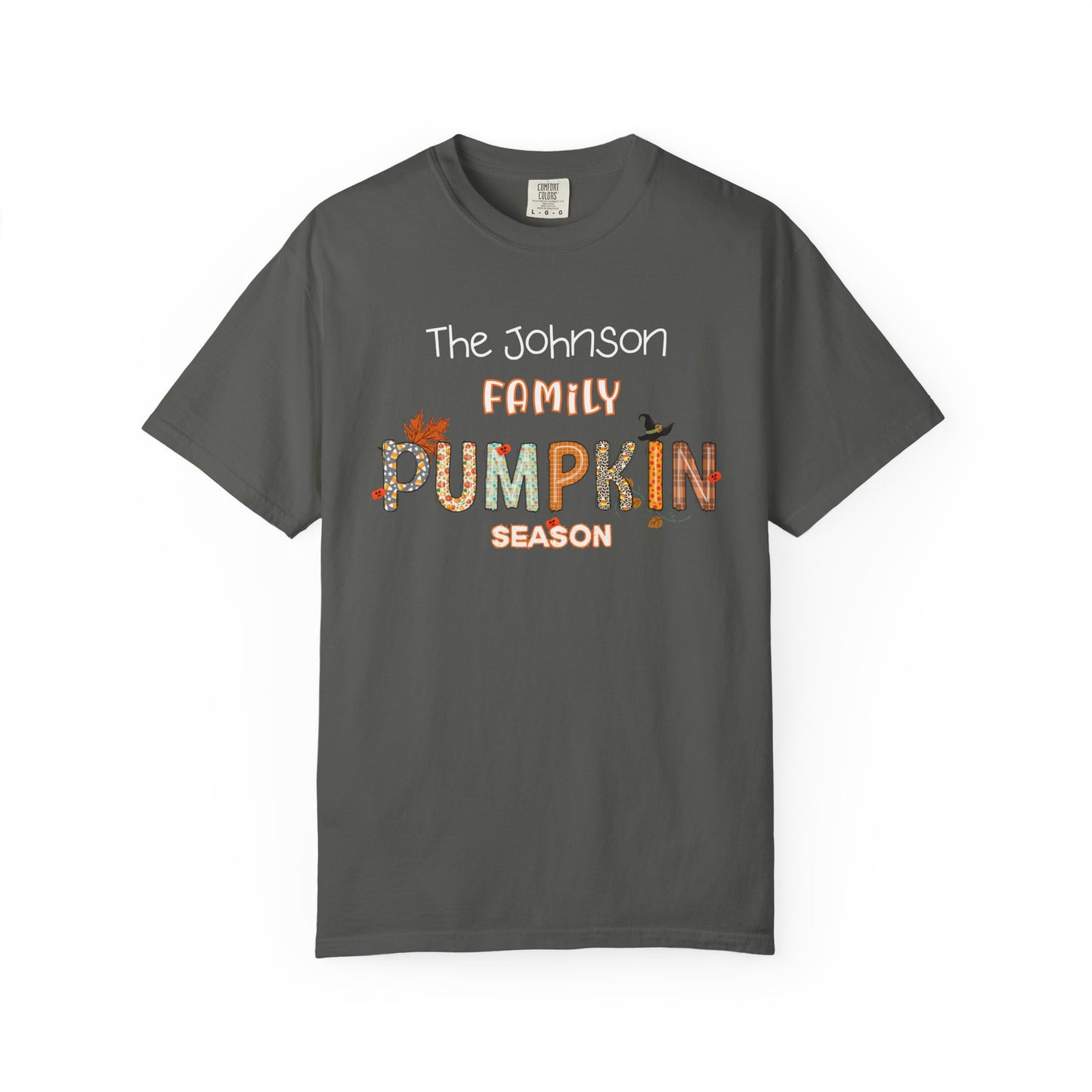 Gray t-shirt with 'The Johnson Family Pumpkin Season' text and graphics on a white background