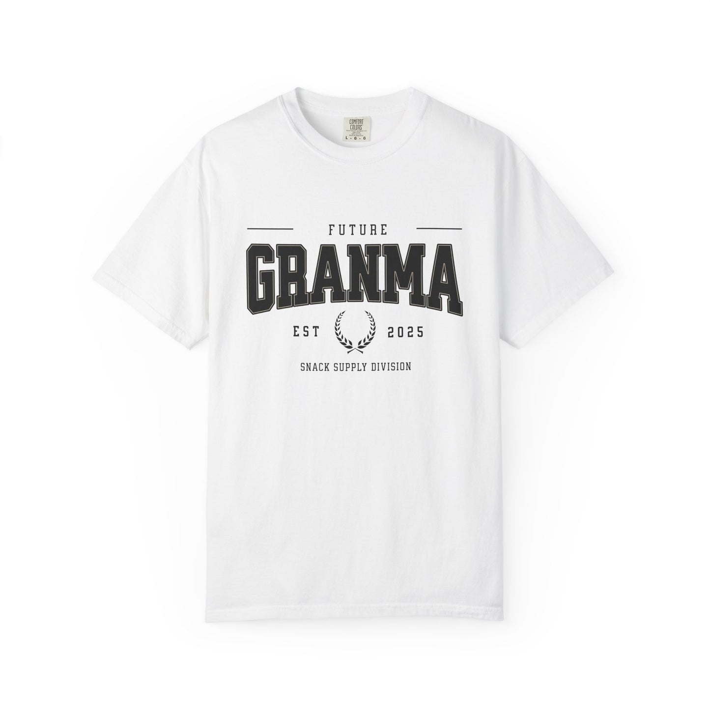 White t-shirt with 'Future Grandma' text on a white background
