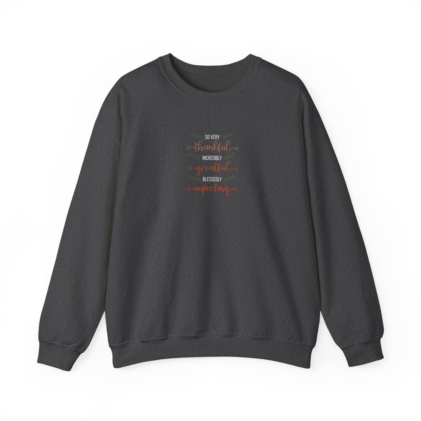 Dark gray sweatshirt with colorful text on a white background