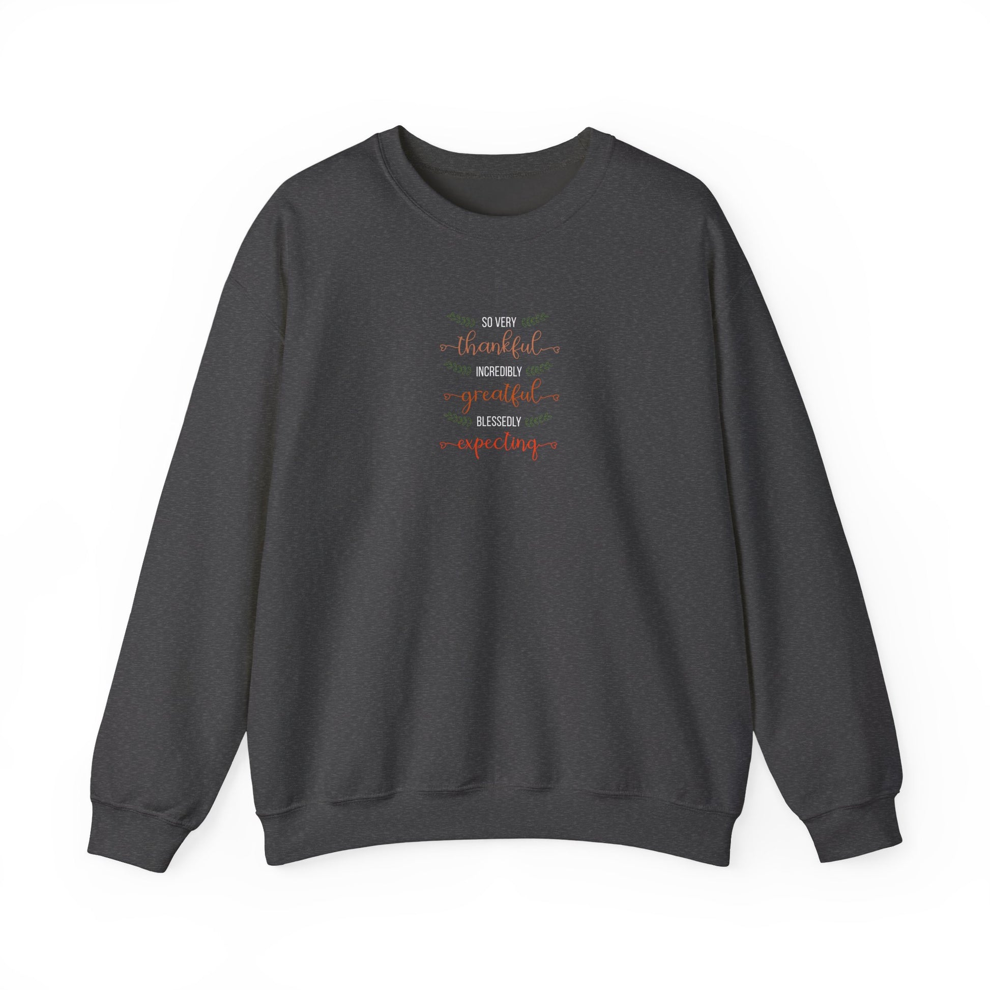 Dark gray sweatshirt with colorful text on a white background