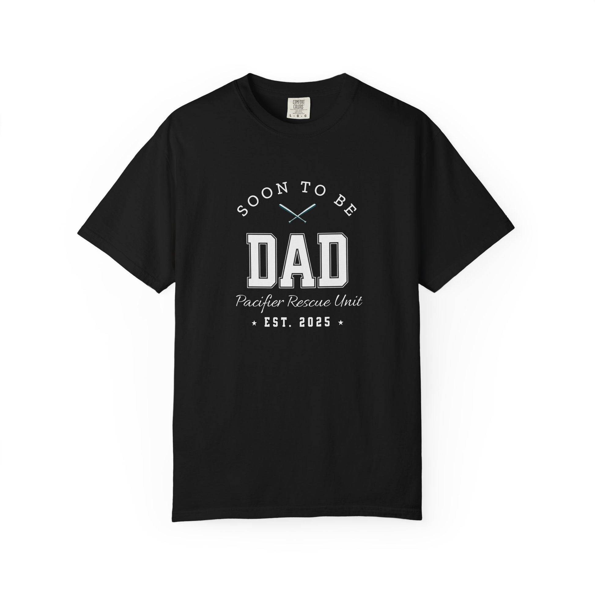 Black t-shirt with 'Soon to be Dad' text on a white background