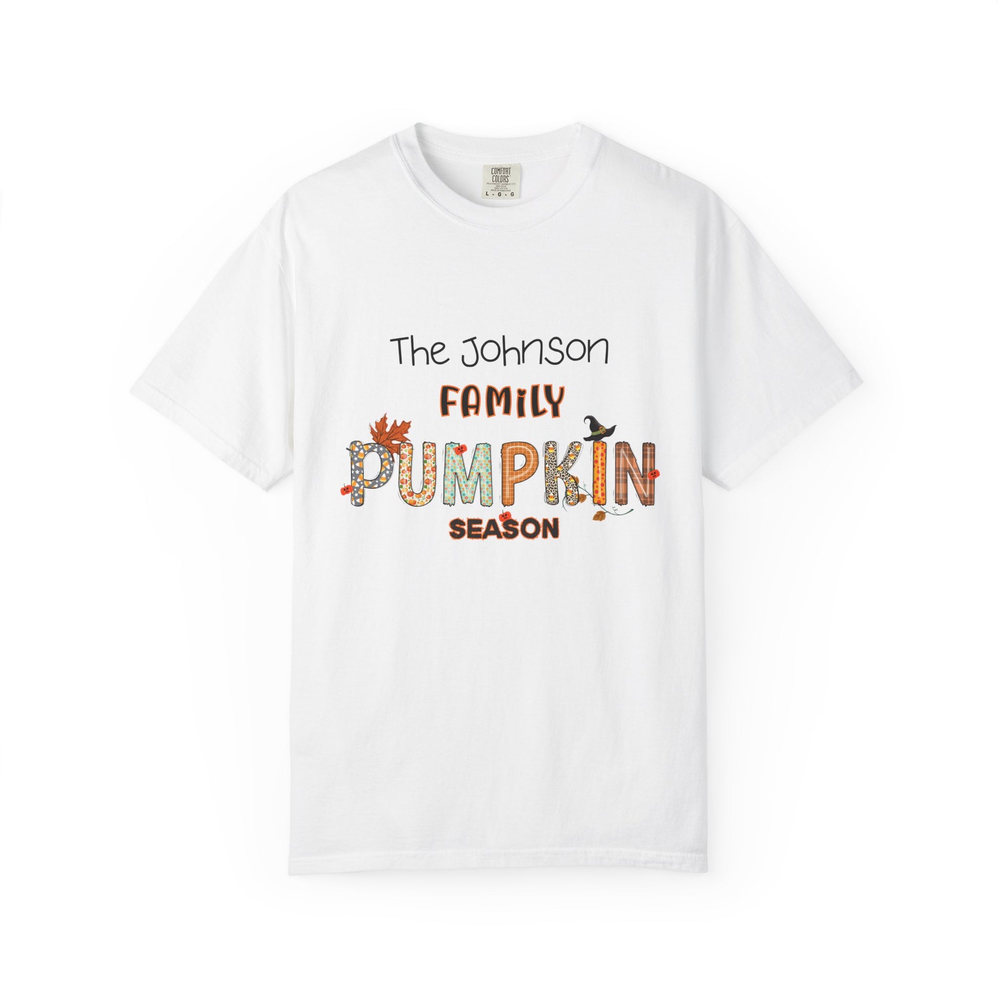 White t-shirt with 'The Johnson Family Pumpkin Season' text design on a white background