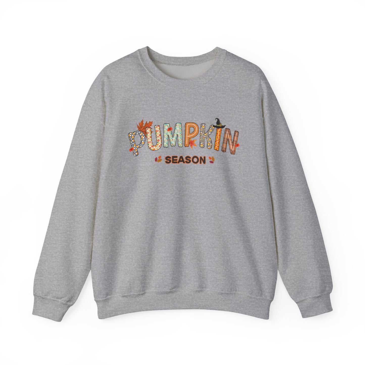 Gray sweatshirt with 'Pumpkin Season' text on a white background