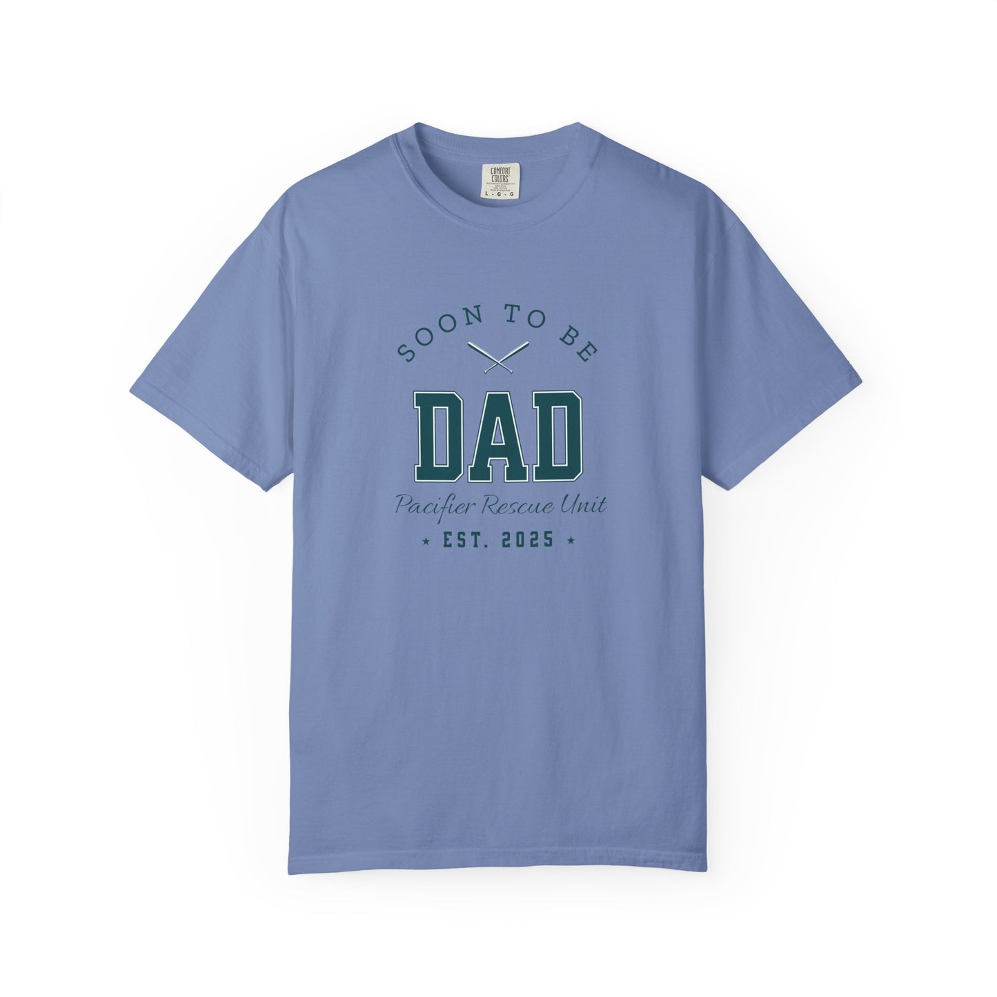 Blue t-shirt with 'Soon to be Dad' text on a white background
