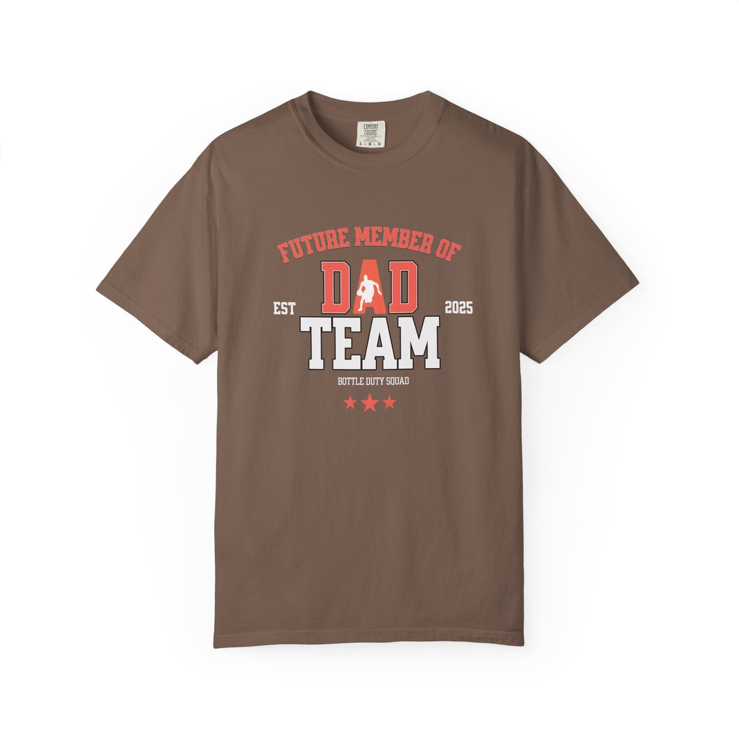 Brown t-shirt with 'Future Member of Dad Team' text and graphics on a white background