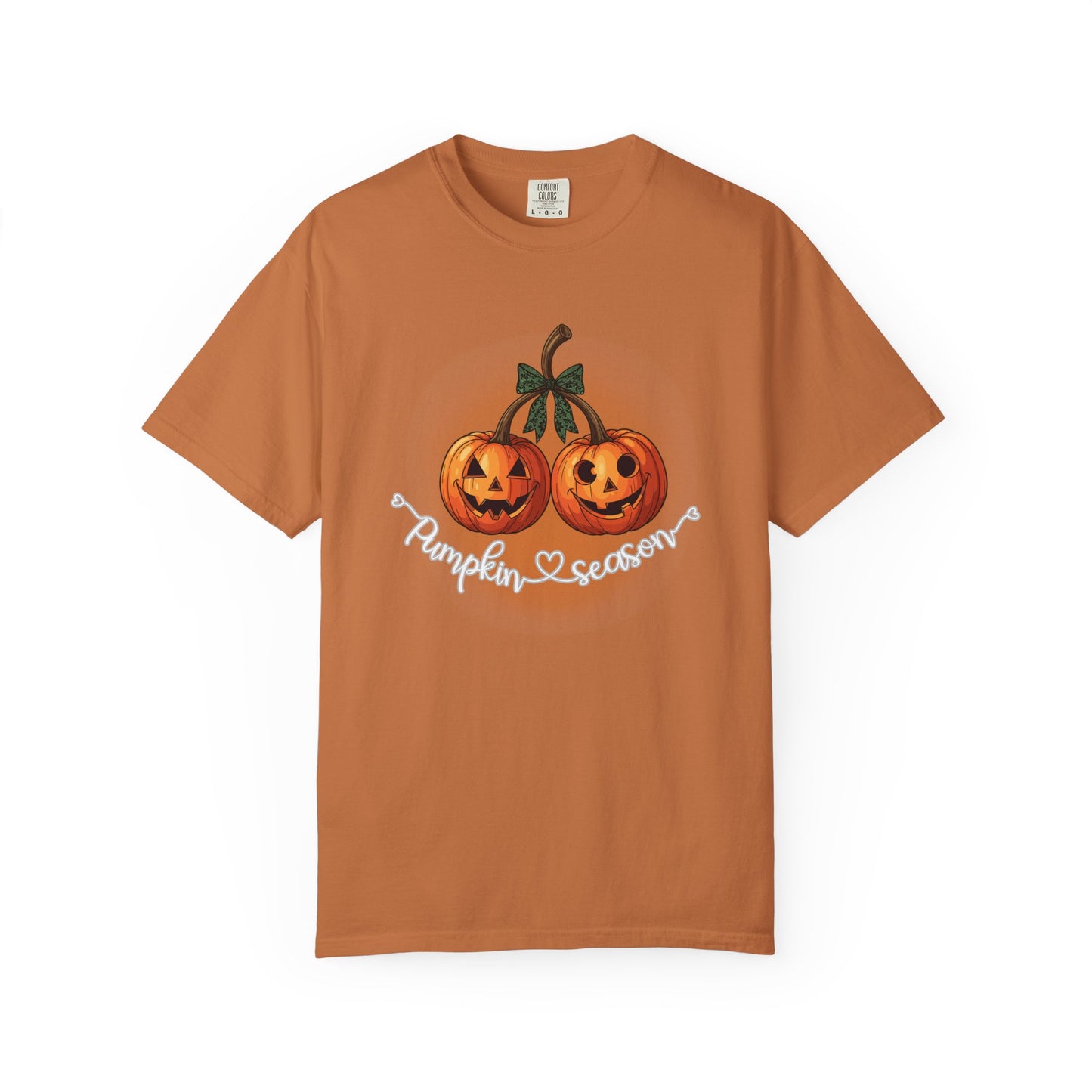 Brown t-shirt with pumpkin design and 'Pumpkin Season' text on a white background