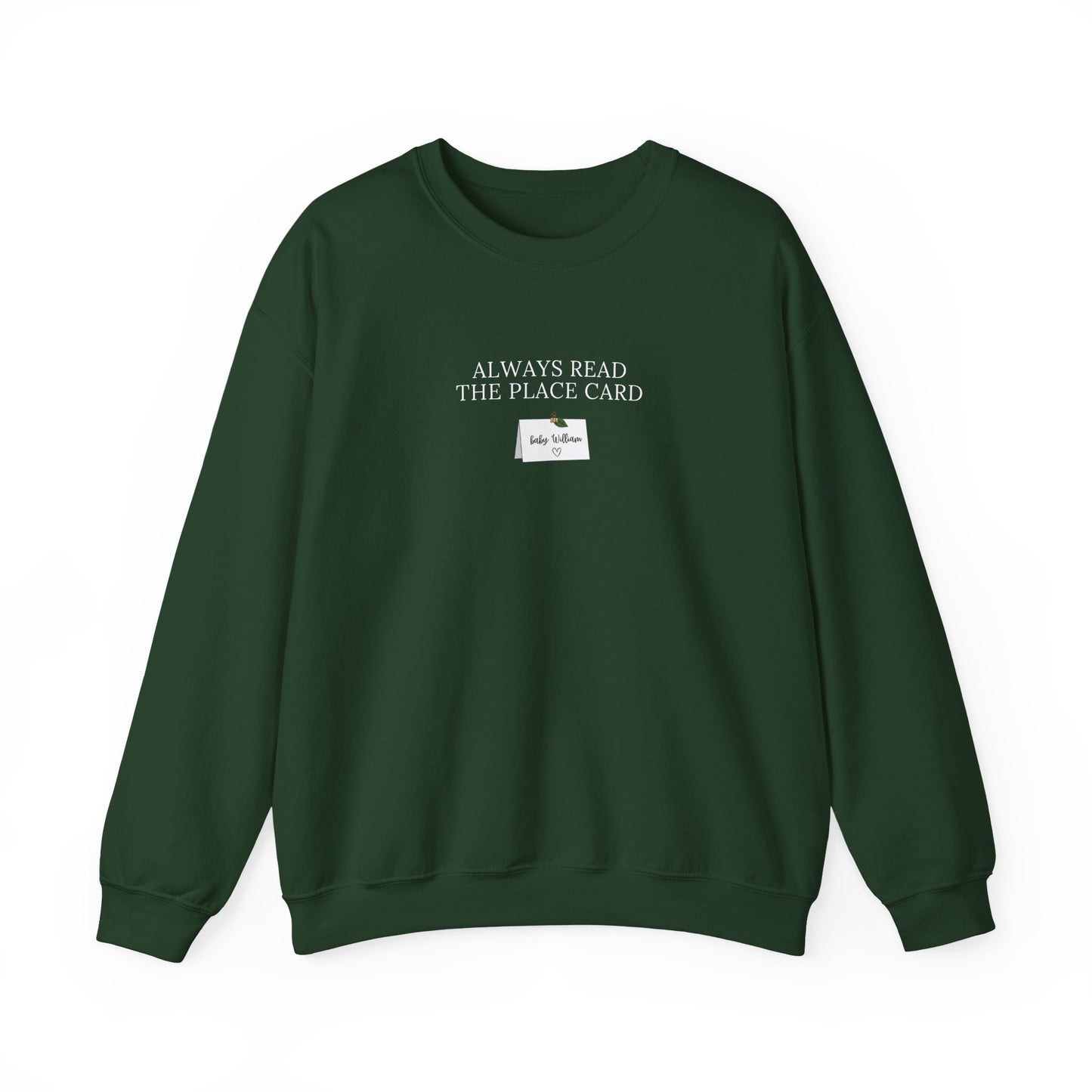 Green sweatshirt with text and logo on a white background