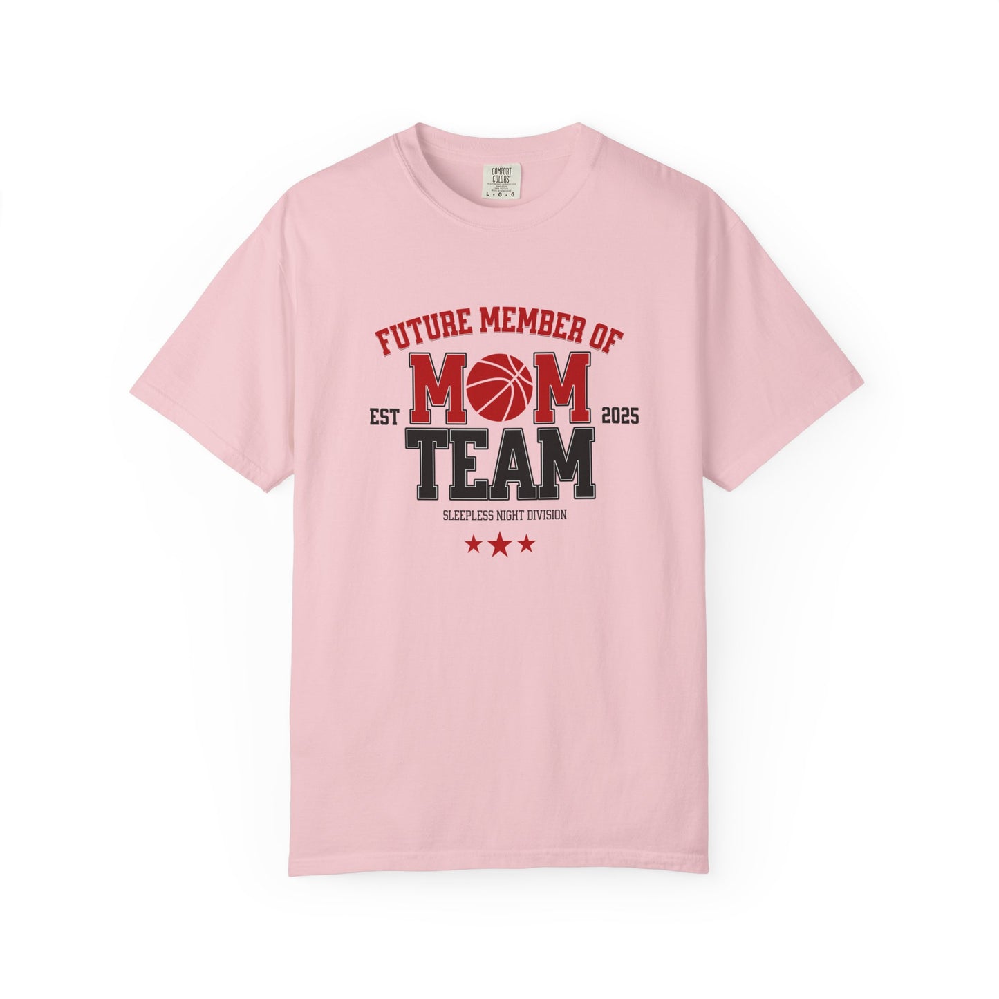 Pink t-shirt with 'Future Member of Mom Team' text and graphics on a white background