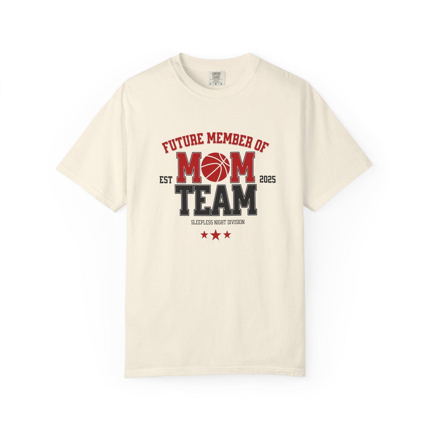 Beige t-shirt with 'Future Member of Mom Team' text and graphics on a white background