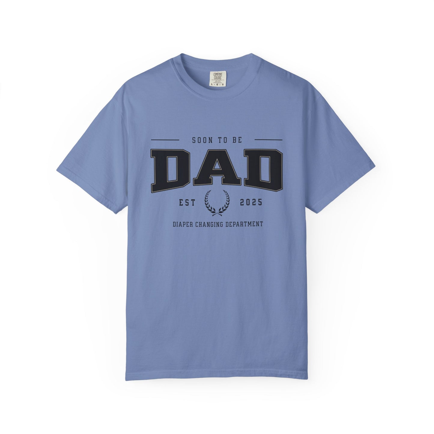 Blue t-shirt with 'Soon to be Dad' text on a white background
