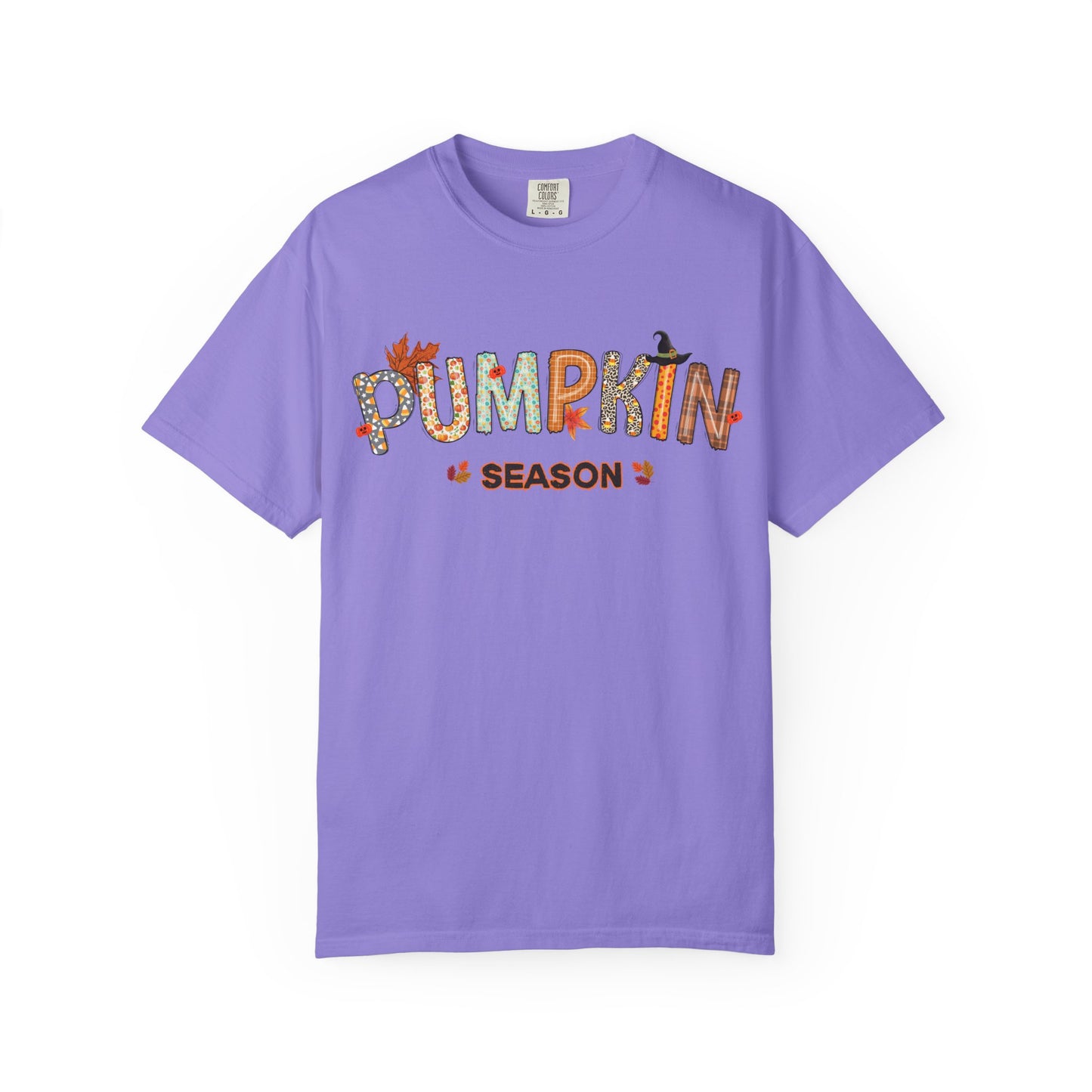 Purple t-shirt with 'Pumpkin Season' text on a white background