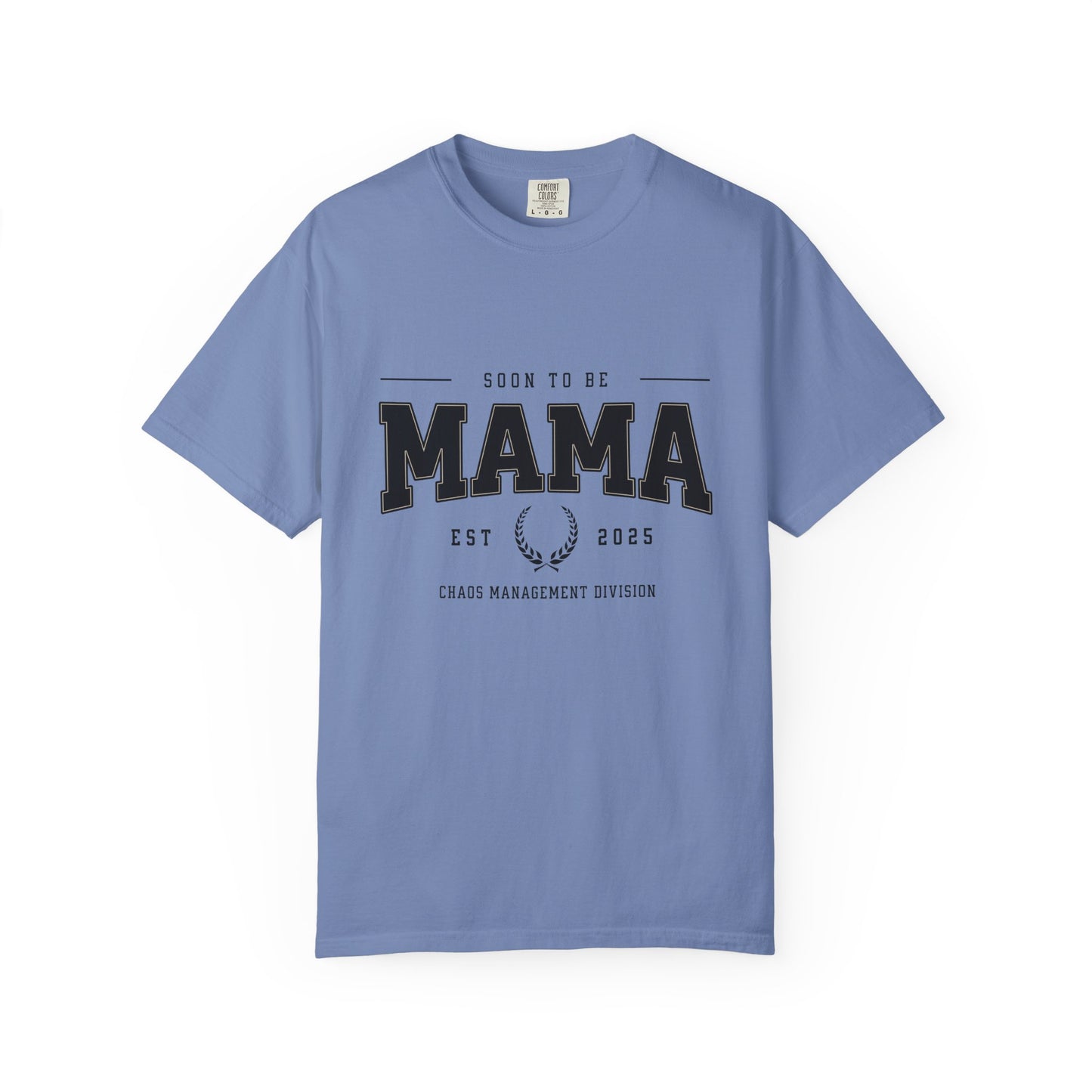 Blue t-shirt with 'Soon to be Mama' text on a white background