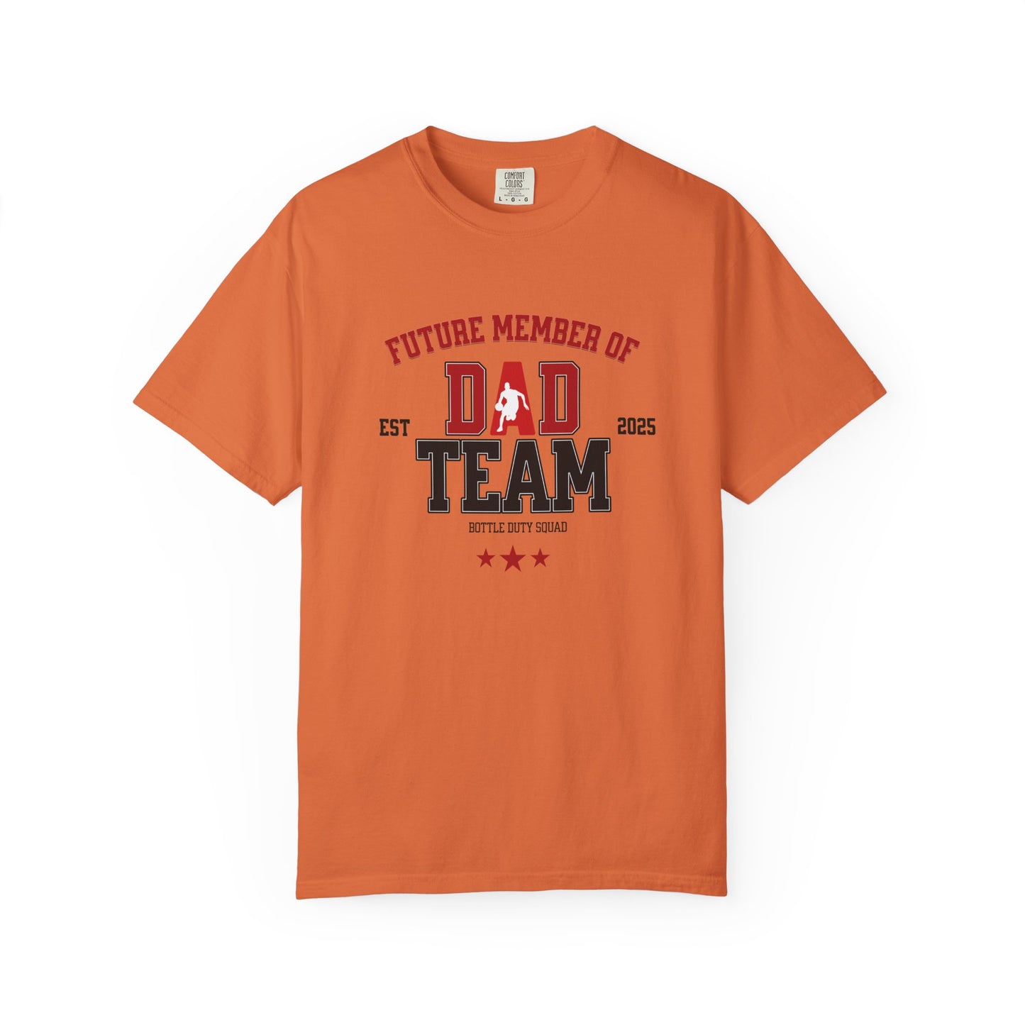 Orange t-shirt with 'Future Member of Dad Team' text and graphics on a white background