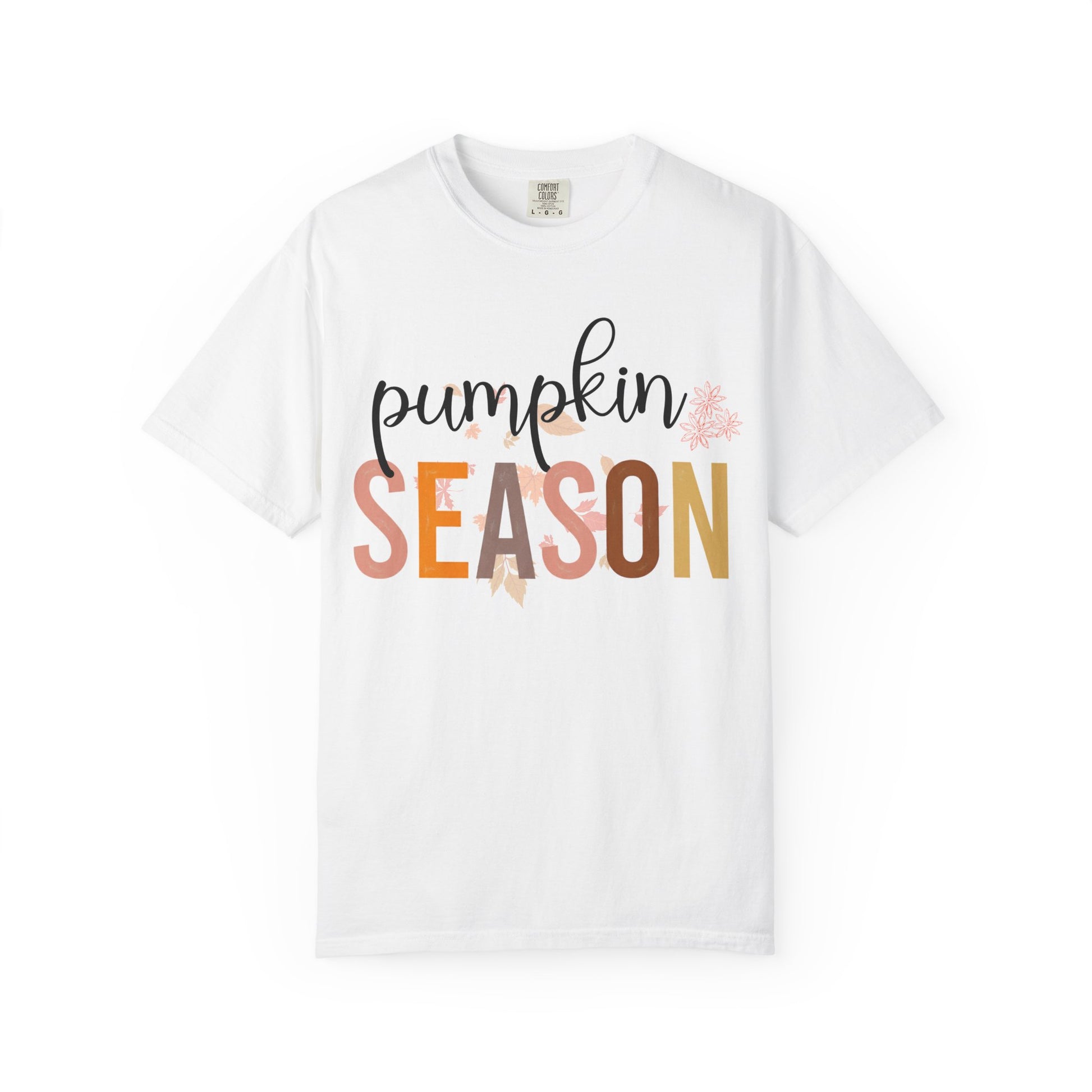 White t-shirt with 'pumpkin season' text on a white background