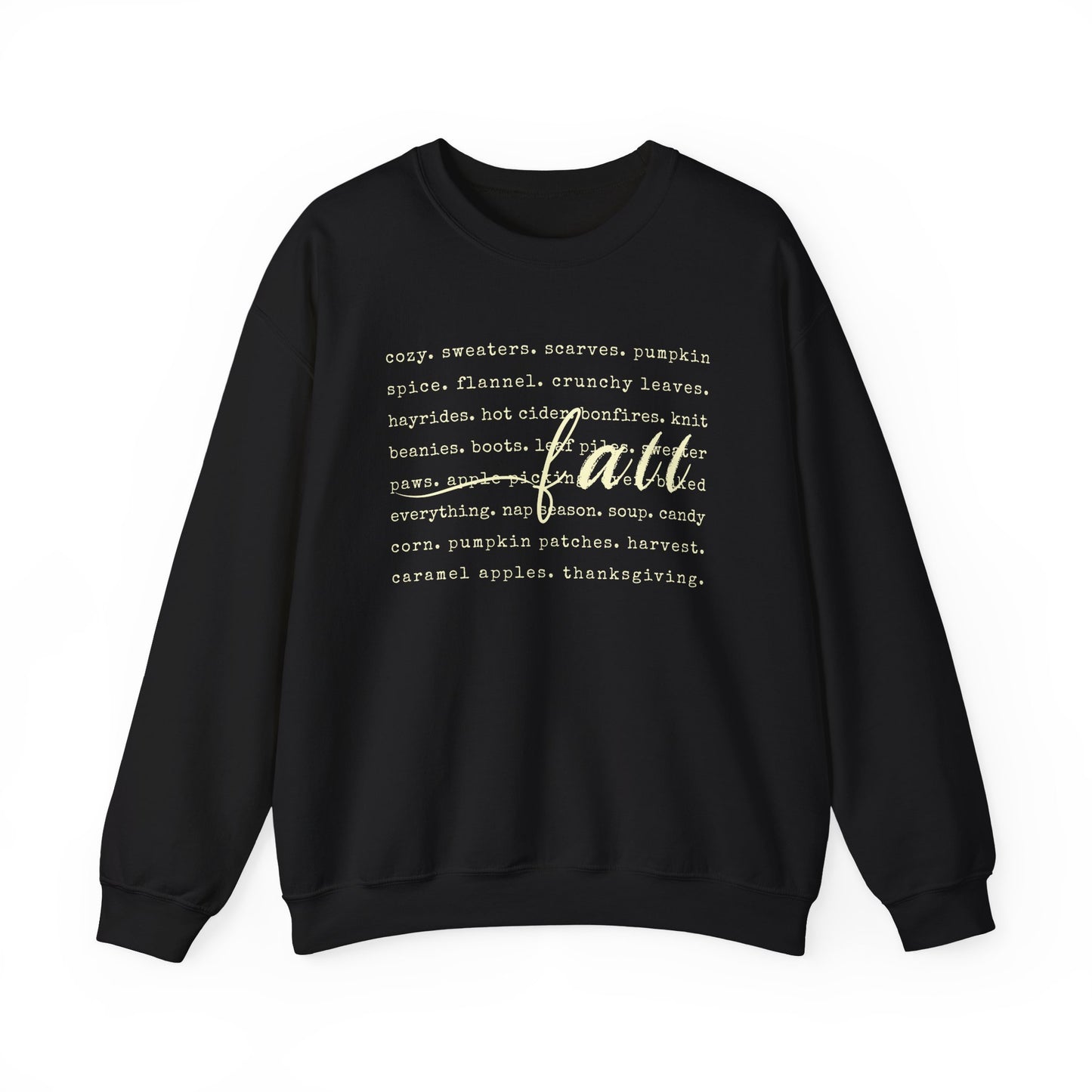 Black sweatshirt with white text on a white background