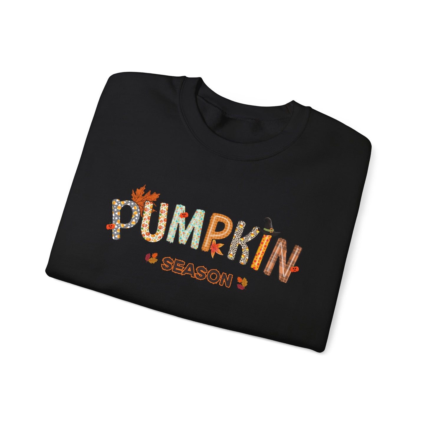 Black sweatshirt with 'Pumpkin Season' text on a white background
