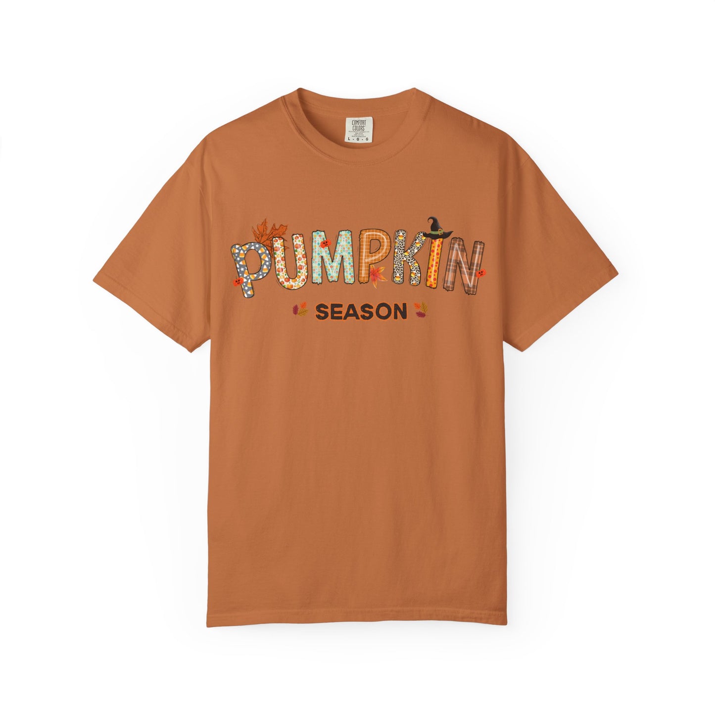 Brown t-shirt with 'Pumpkin Season' text on a white background
