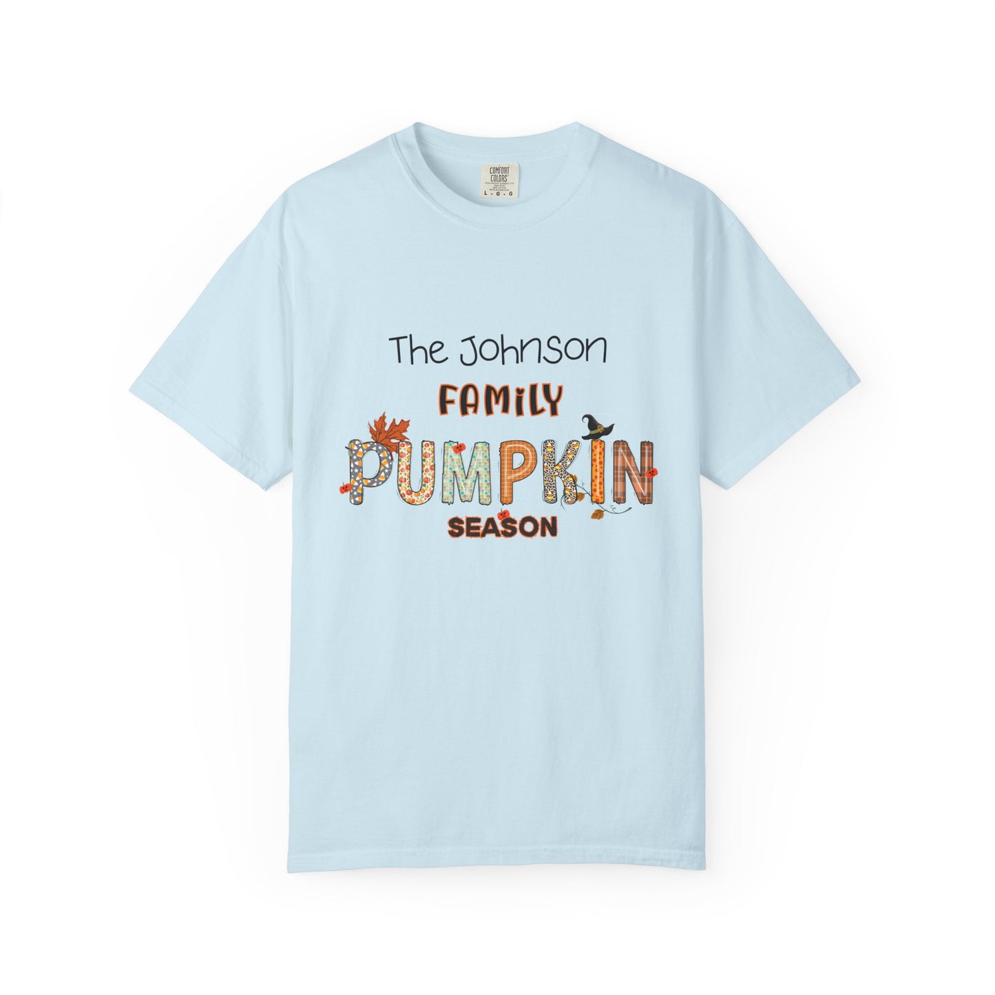 Light blue t-shirt with 'The Johnson Family Pumpkin Season' text on a white background