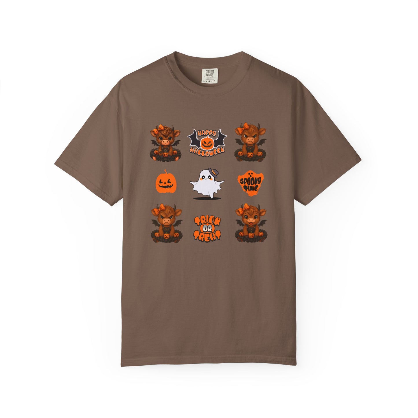 Brown t-shirt with Halloween-themed graphics on a white background
