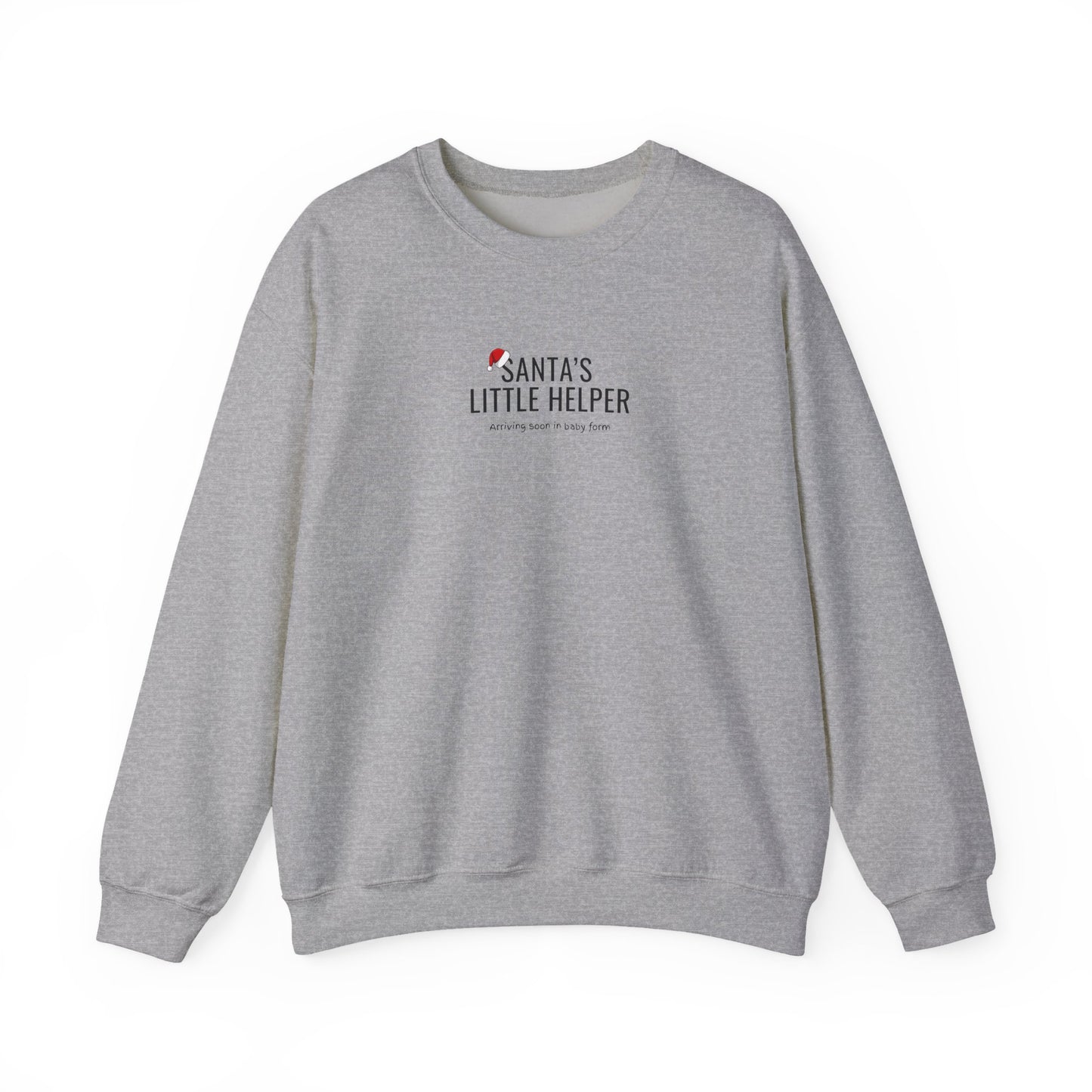 Gray sweatshirt with 'Santa's Little Helper' text on a white background