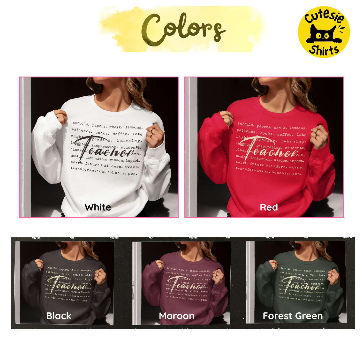 Collage of sweatshirts in white, red, black, maroon, and forest green with 'Teacher' text design, branded as 'Cutesie Shirts'.