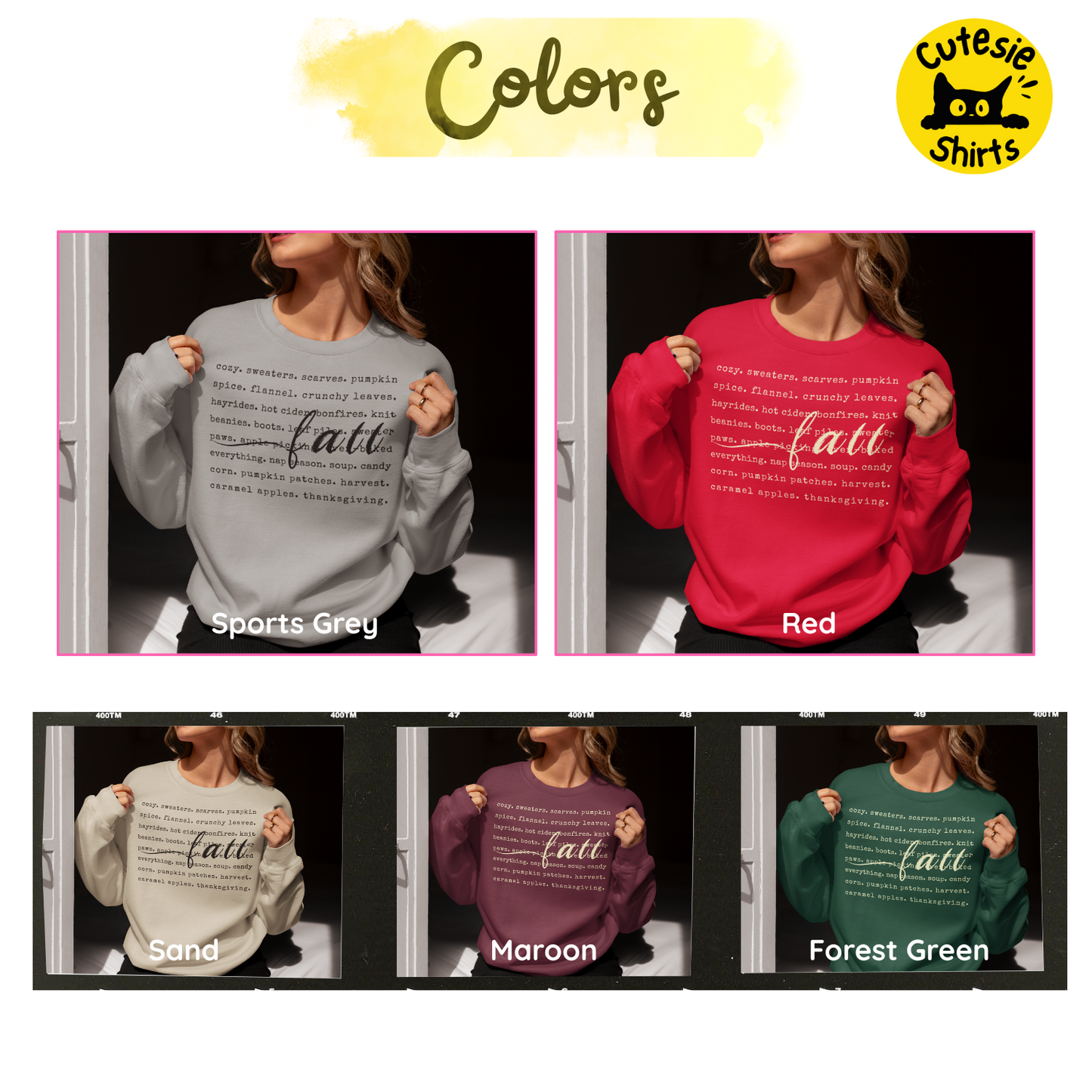 Collage of sweatshirts in various colors with text, featuring the brand 'Cutesie Shirts'.